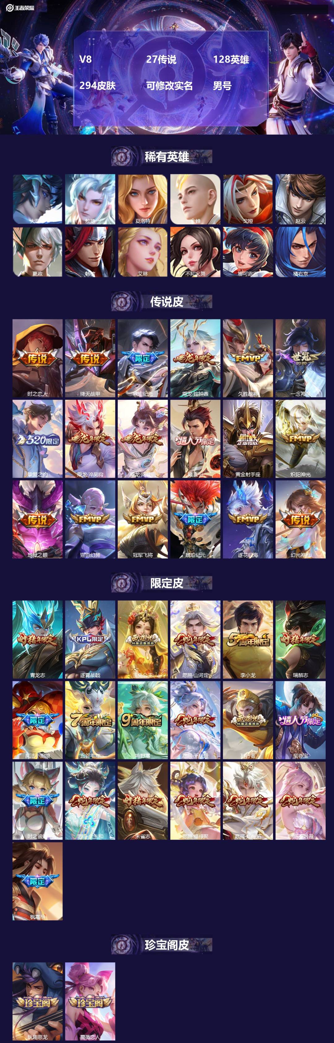 王者荣耀账号安卓QQ[17463281]V8 27传说 128英雄 294皮肤 可修改实名 男号 
【英雄全皮】司空震全