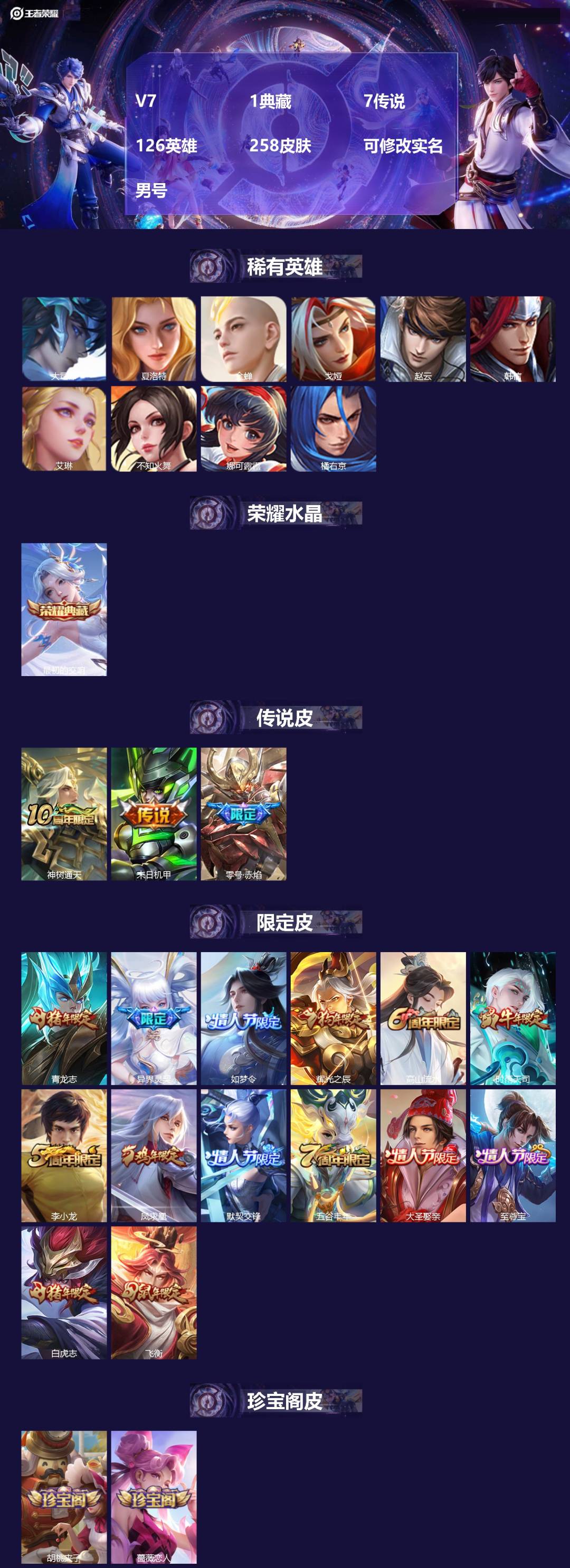 王者荣耀账号安卓QQ[17466330]V7 1典藏 7传说 126英雄 258皮肤 可修改实名 男号 
【英雄全皮】大