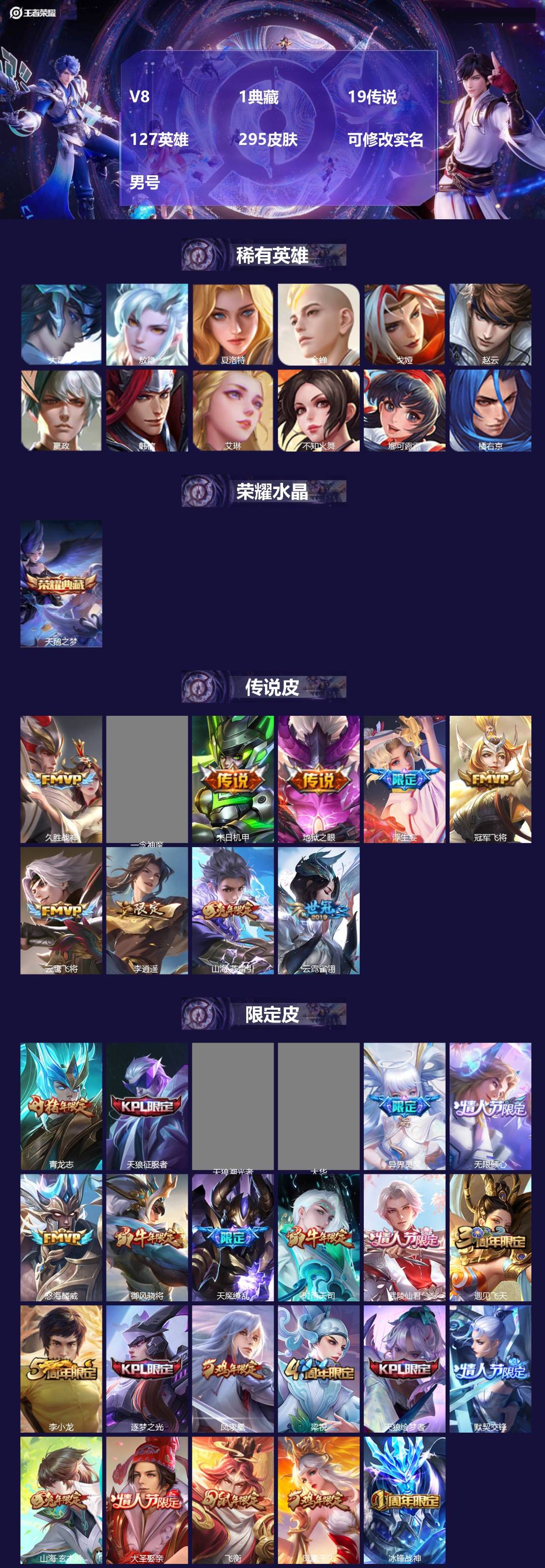 王者荣耀账号安卓QQ[17467084]V8 1典藏 19传说 127英雄 295皮肤 可修改实名 男号 
【英雄全皮】