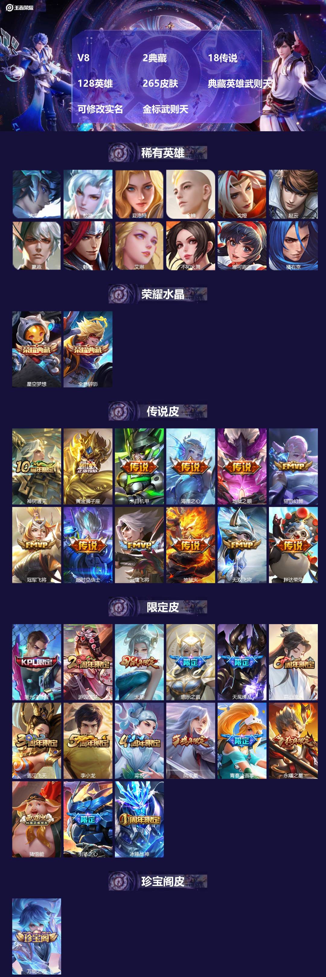 王者荣耀账号安卓QQ[17469330]V8 2典藏 18传说 128英雄 265皮肤 典藏英雄武则天 可修改实名 金标