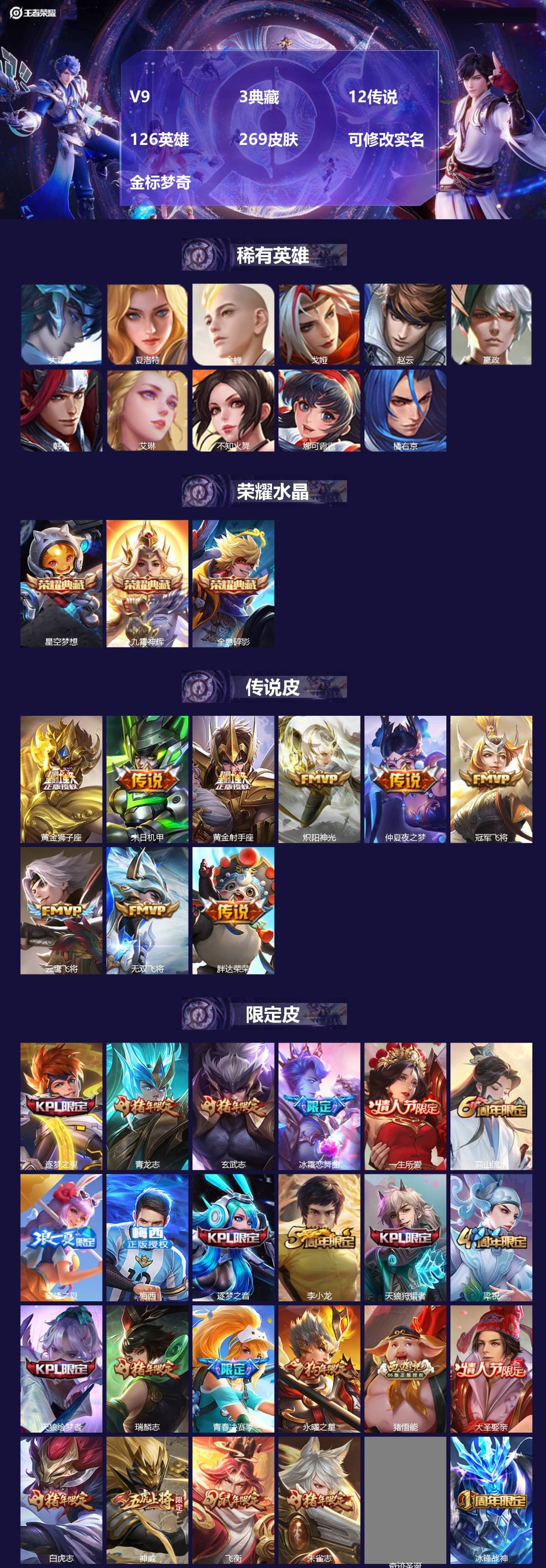 王者荣耀账号安卓QQ[17470008]V9 3典藏 12传说 126英雄 269皮肤 可修改实名 金标梦奇
【英雄全皮