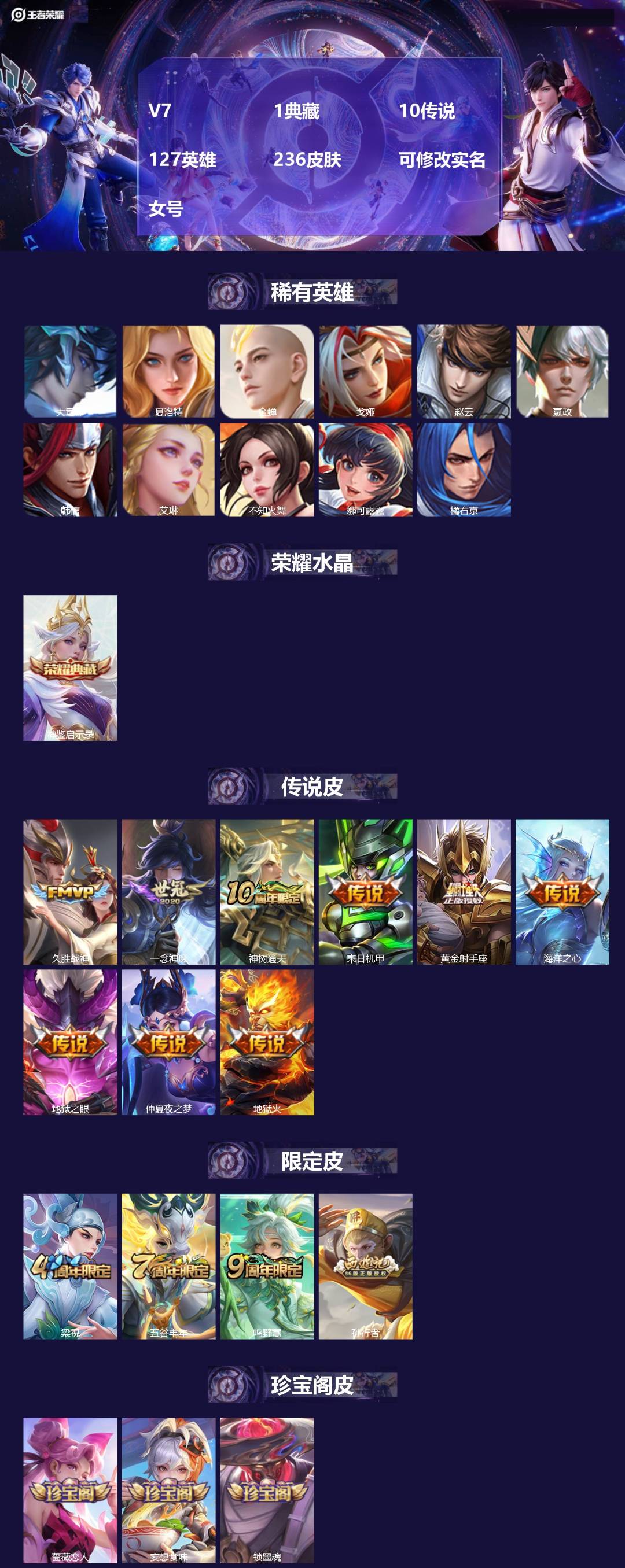 王者荣耀账号安卓QQV7 1典藏 10传说 127英雄 236皮肤 可修改实名 女号 
【英雄全皮】大禹全皮
【稀有英雄