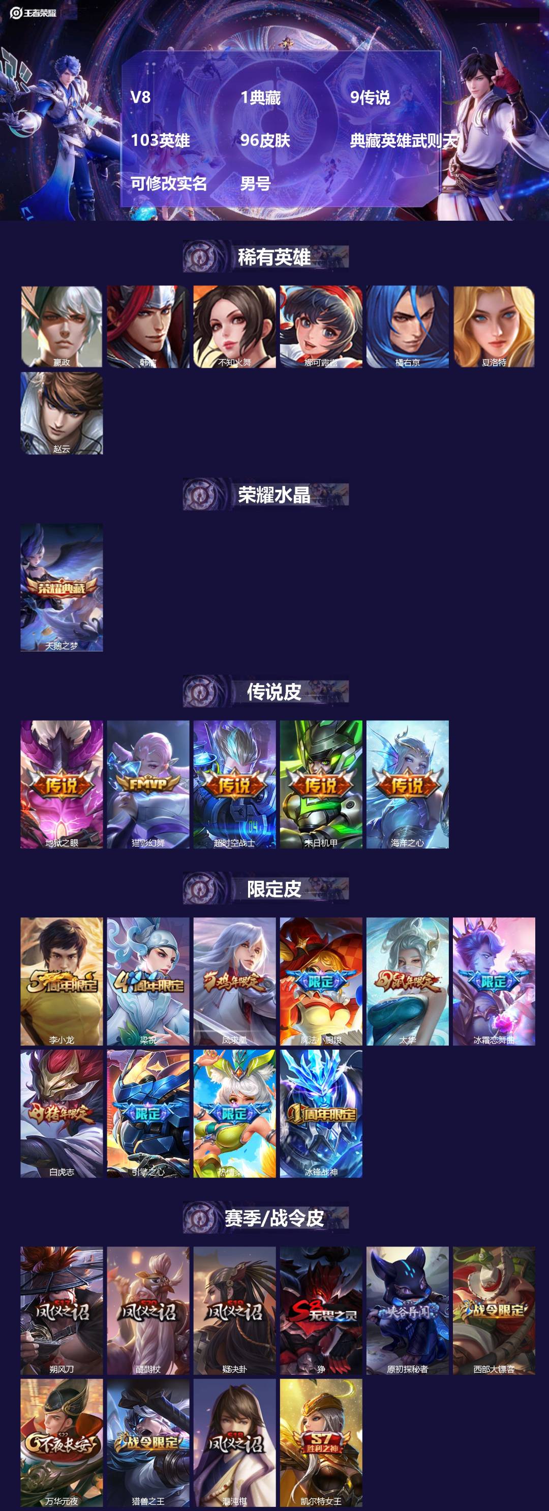 王者荣耀账号安卓QQV8 1典藏 9传说 103英雄 96皮肤 典藏英雄武则天 可修改实名 男号 
【稀有英雄】嬴政(始