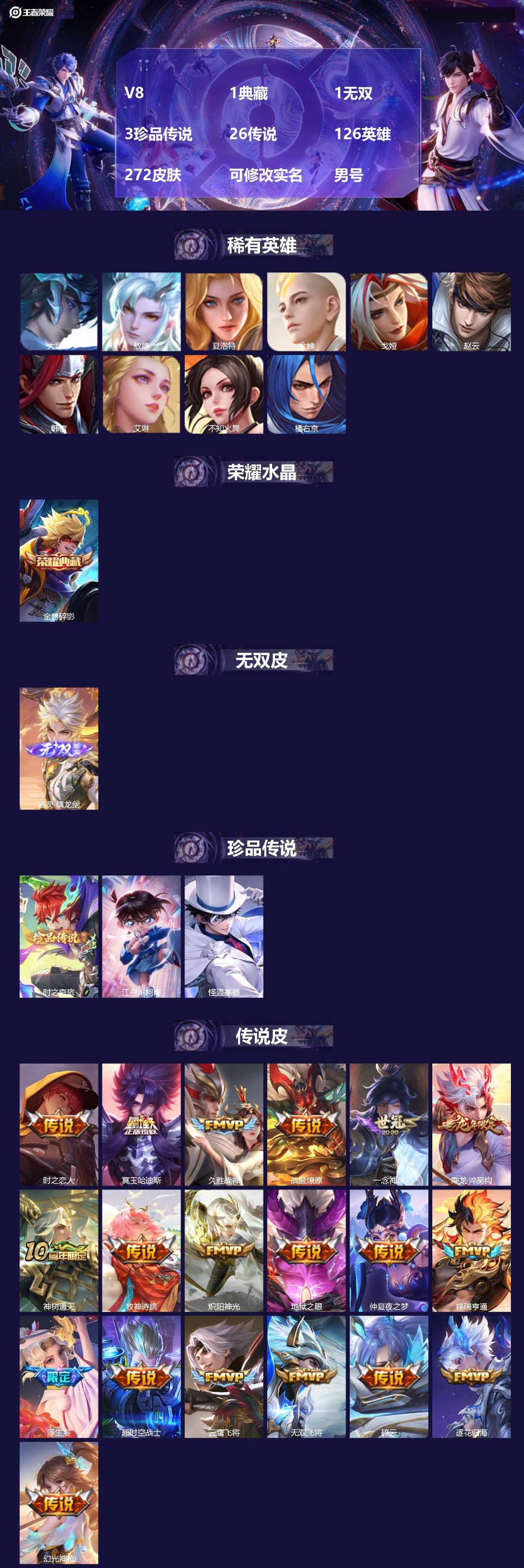 王者荣耀账号苹果QQV8 1典藏 1无双 3珍品传说 26传说 126英雄 272皮肤 可修改实名 男号 
【英雄全皮】