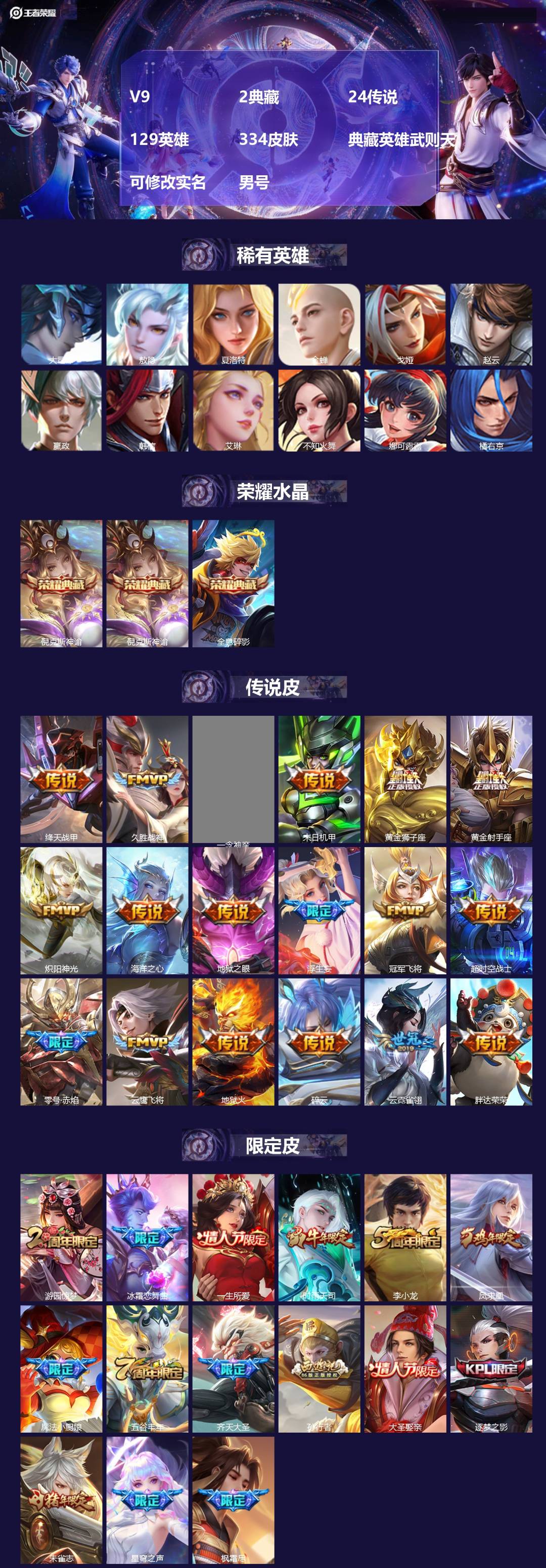 王者荣耀账号安卓QQ[17499521]V9 2典藏 24传说 129英雄 334皮肤 典藏英雄武则天 可修改实名 男号