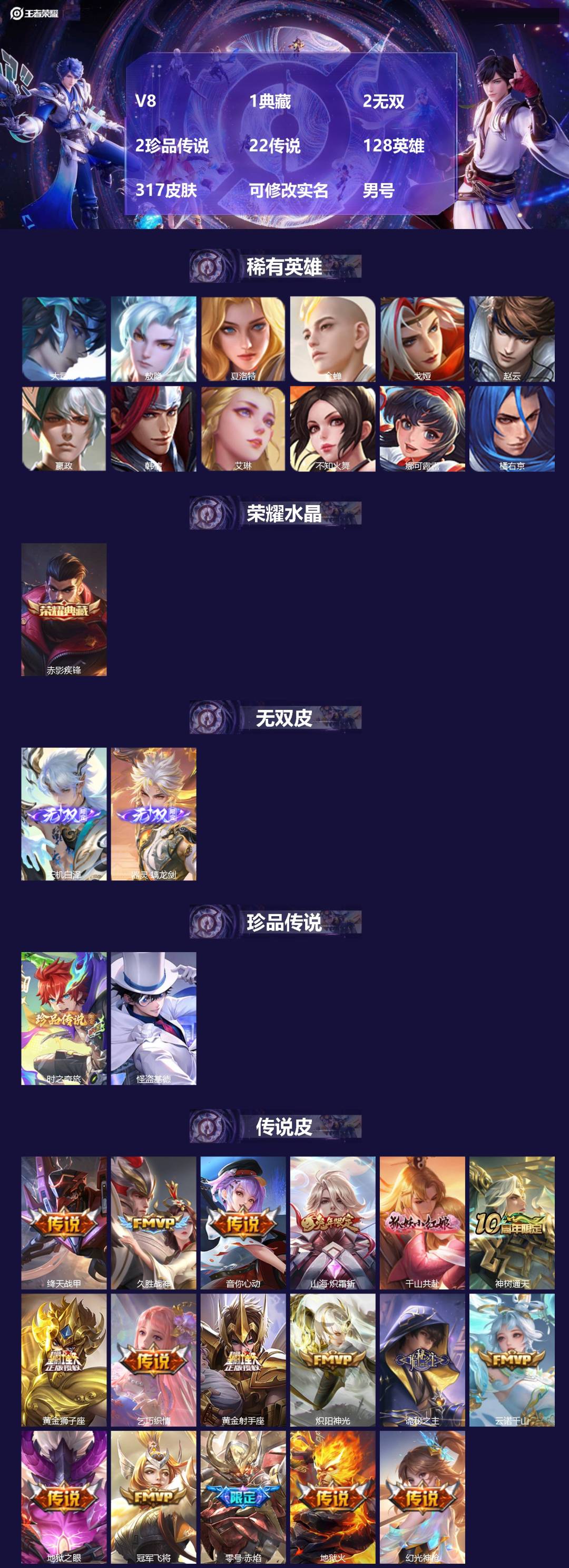 王者荣耀账号安卓QQ[]V8 1典藏 2无双 2珍品传说 22传说 128英雄 317皮肤 可修改实名 男号 
【英雄全