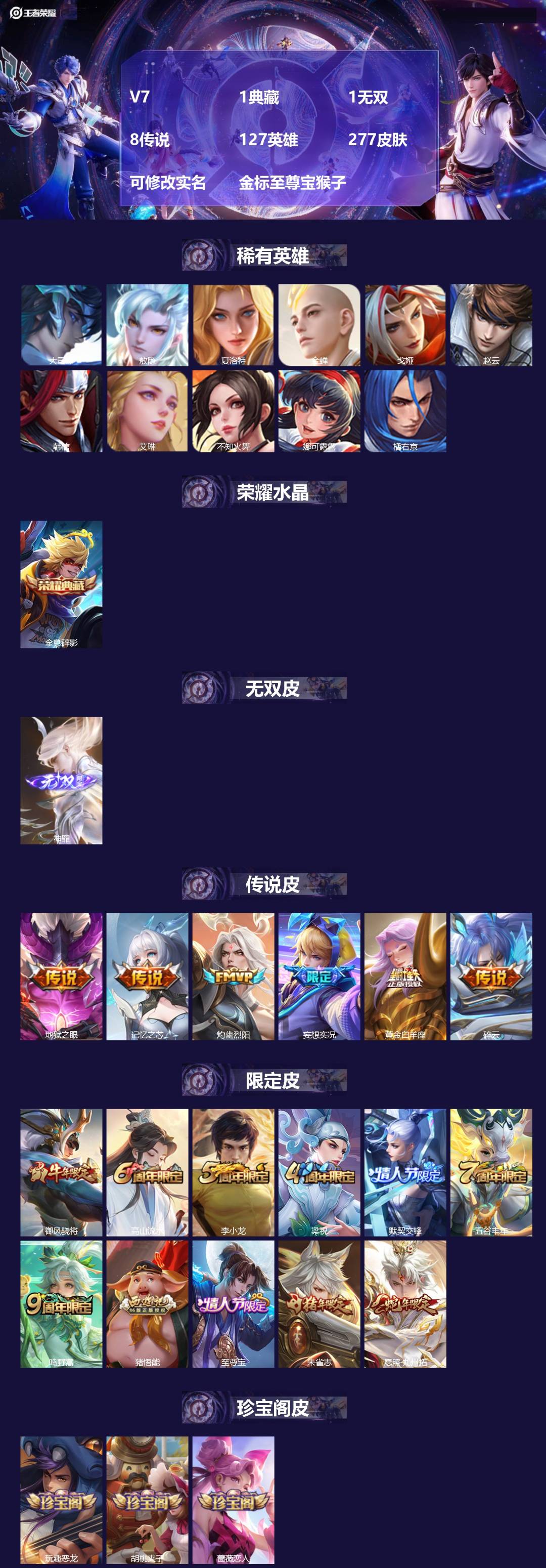 王者荣耀账号安卓QQ[17520575]V7 1典藏 1无双 8传说 127英雄 277皮肤 可修改实名 金标至尊宝猴子