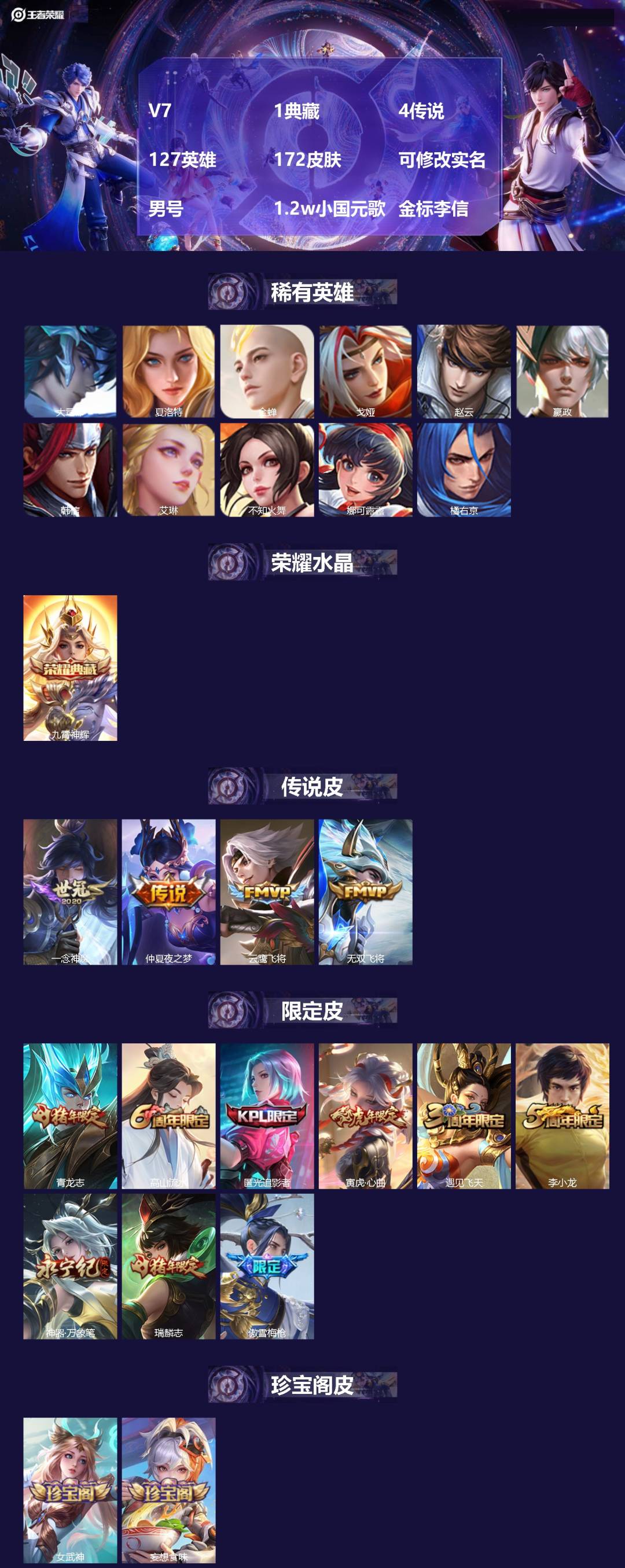 王者荣耀账号安卓VX[]V7 1典藏 4传说 127英雄 172皮肤 可修改实名 男号 1.2w小国元歌 金标李信
【英