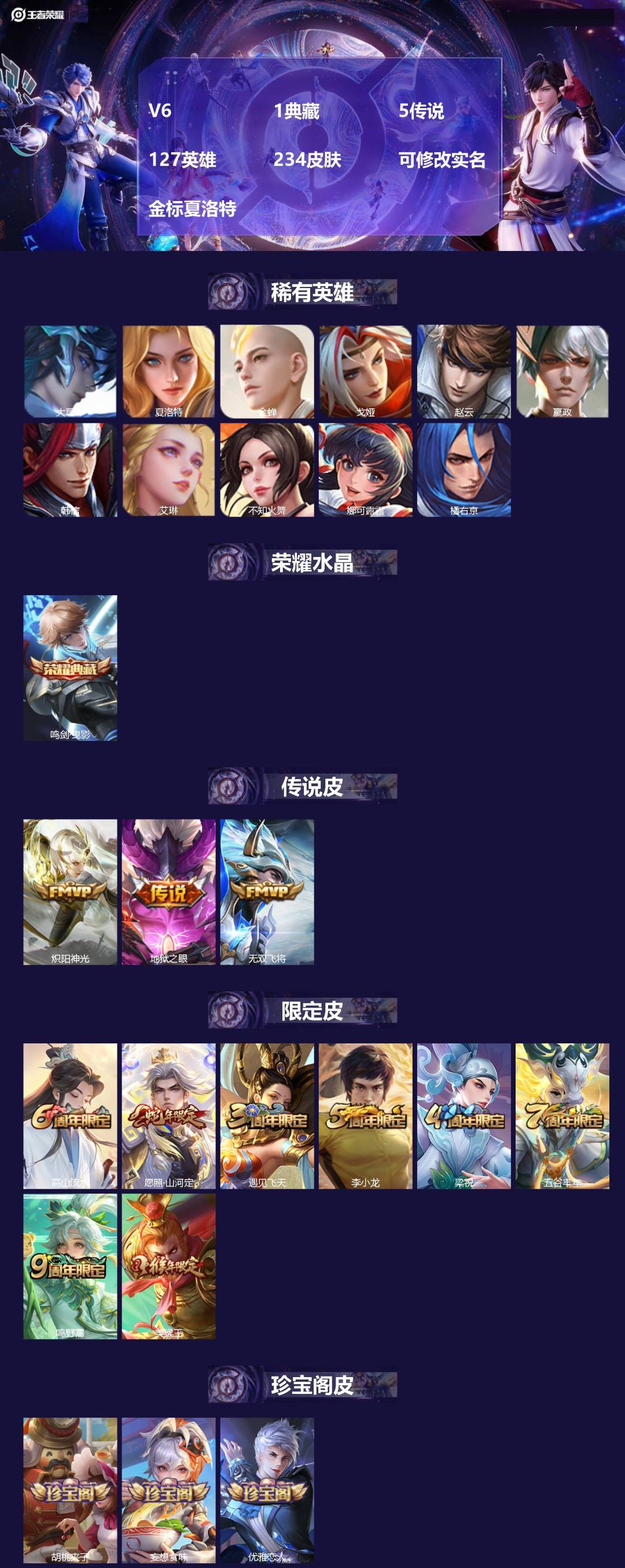 王者荣耀账号安卓QQ[17524647]V6 1典藏 5传说 127英雄 234皮肤 可修改实名 金标夏洛特
【英雄全皮