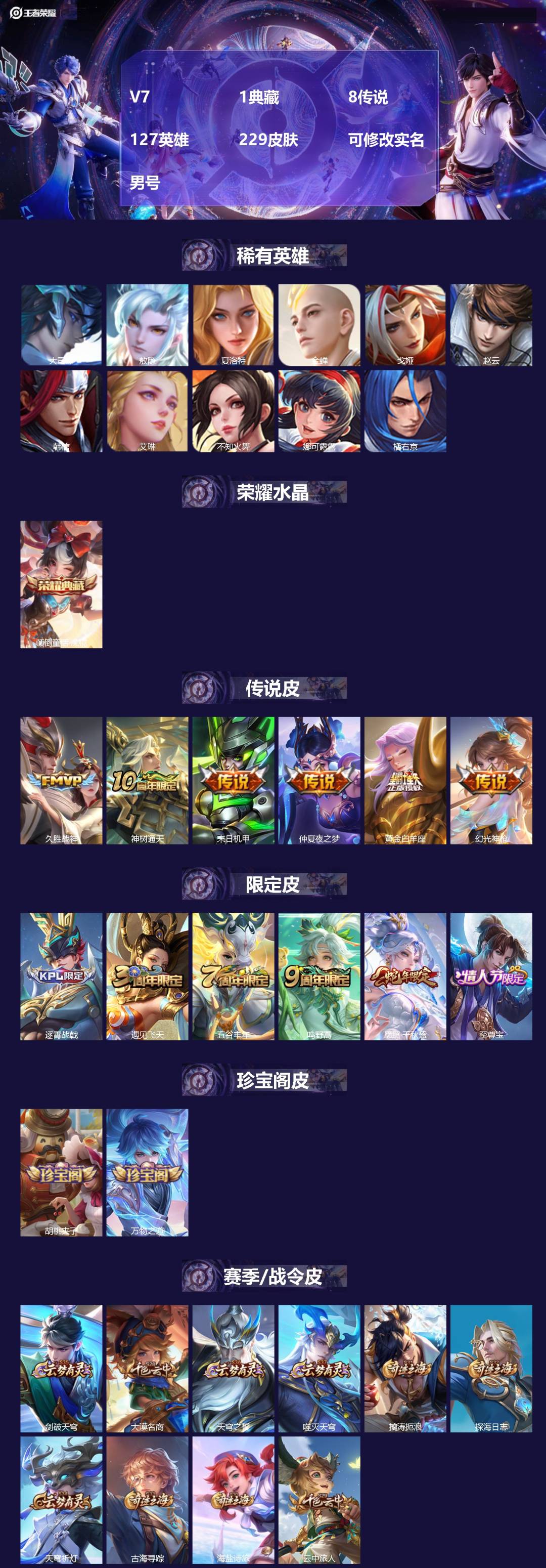 王者荣耀账号安卓QQV7 1典藏 8传说 127英雄 229皮肤 可修改实名 
【英雄全皮】敖隐全皮,影全皮,大禹全皮 