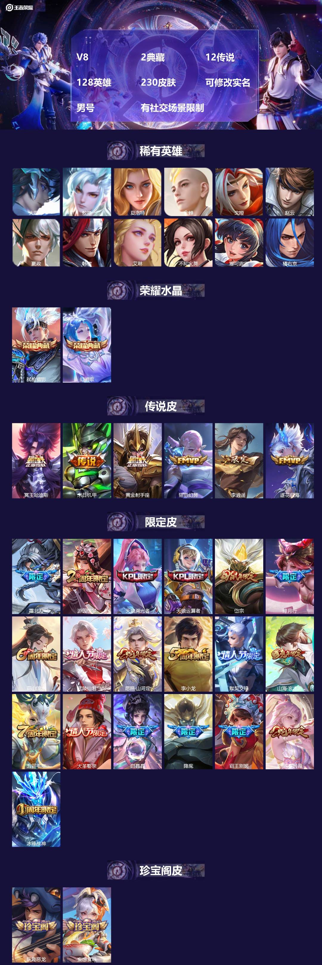 王者荣耀账号苹果VX[17533676]V8 2典藏 12传说 128英雄 230皮肤 可修改实名 男号 有社交场景限制