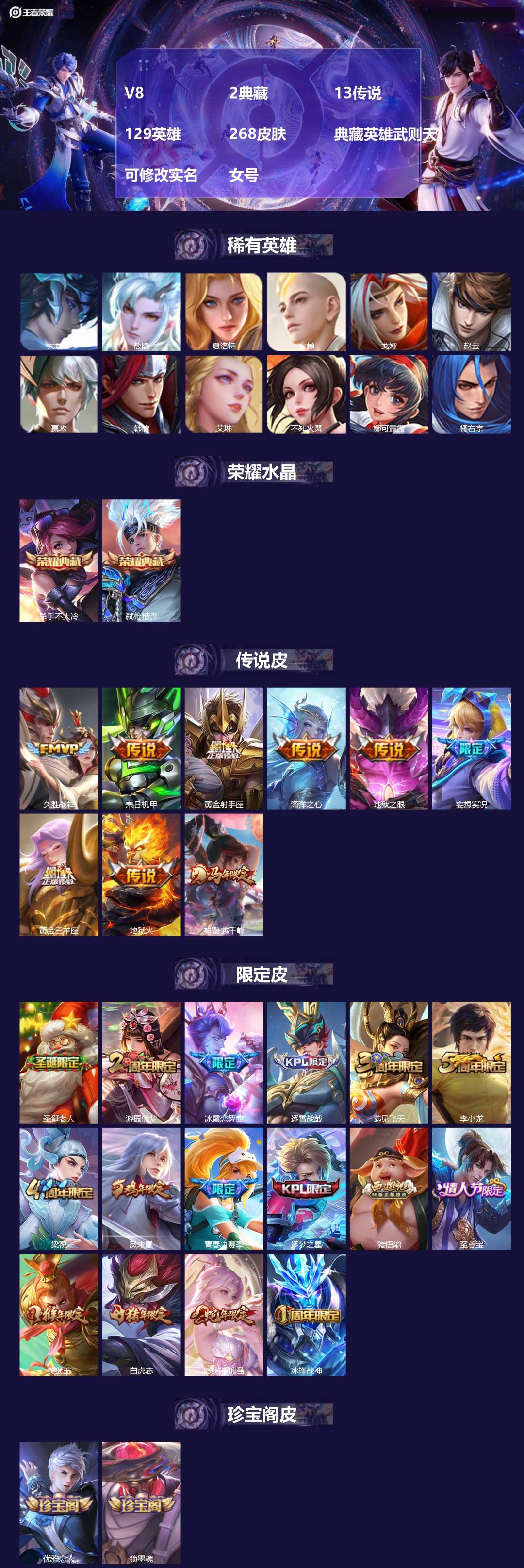 王者荣耀账号苹果QQ[17559764]V8 2典藏 13传说 129英雄 268皮肤 典藏英雄武则天 可修改实名 女号