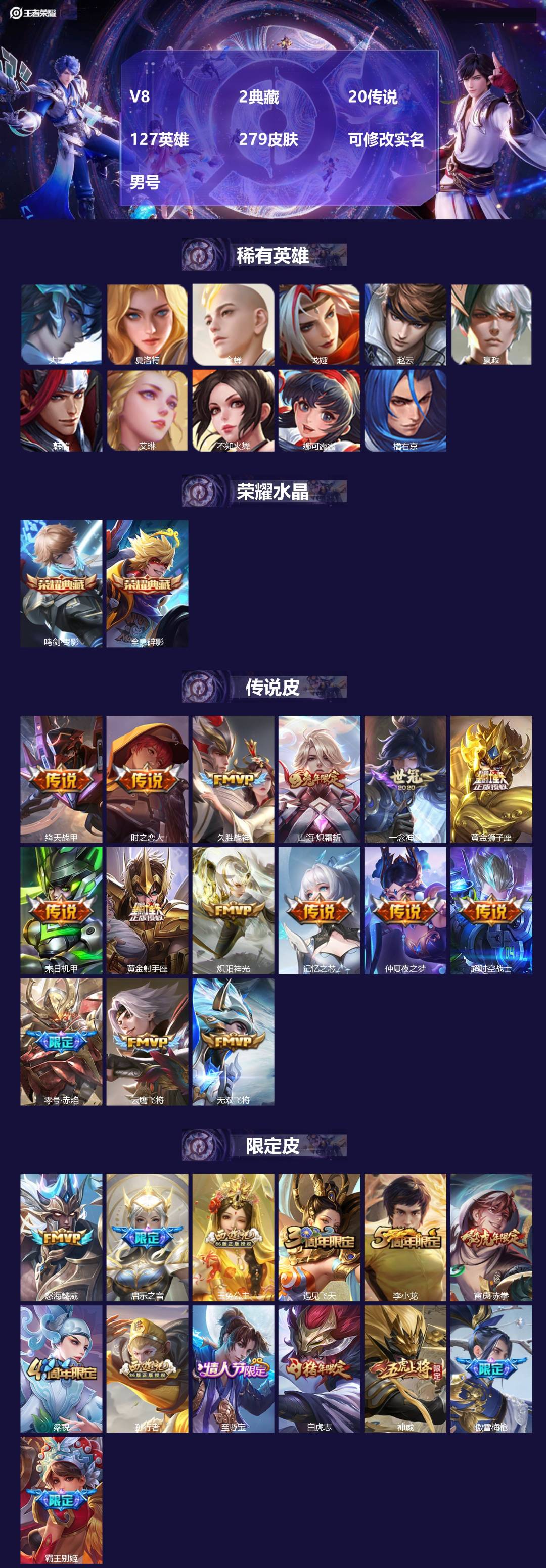 王者荣耀账号安卓QQ[17560117]V8 2典藏 20传说 127英雄 279皮肤 可修改实名 男号 
【英雄全皮】