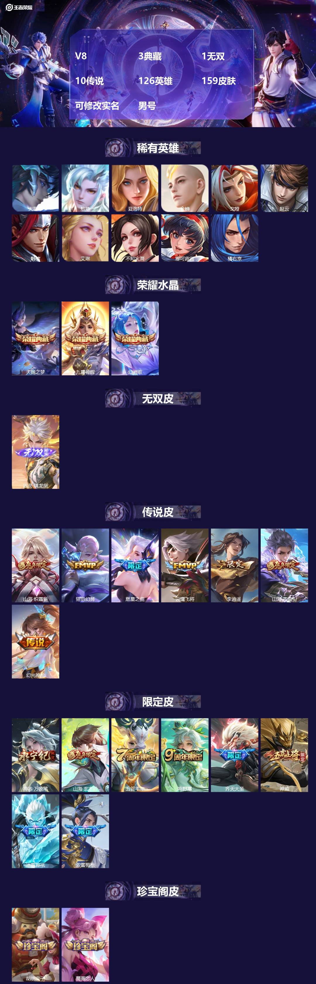 王者荣耀账号苹果VXV8 3典藏 1无双 10传说 126英雄 159皮肤 可修改实名 男号 
【英雄全皮】曜全皮
【稀