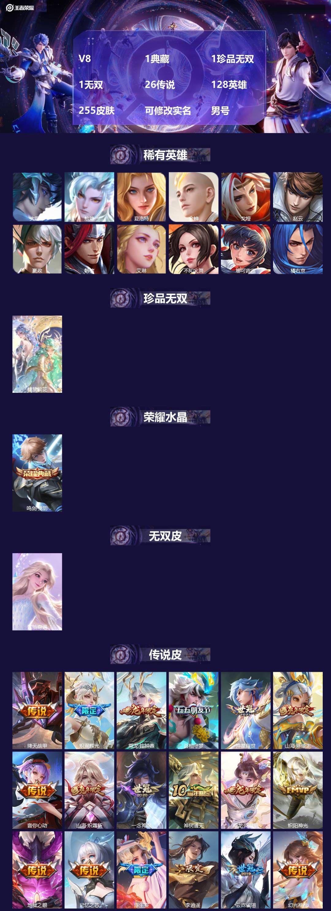 王者荣耀账号安卓QQV8 1典藏 1珍品无双 1无双 26传说 128英雄 255皮肤 可修改实名 男号 
【英雄全皮】