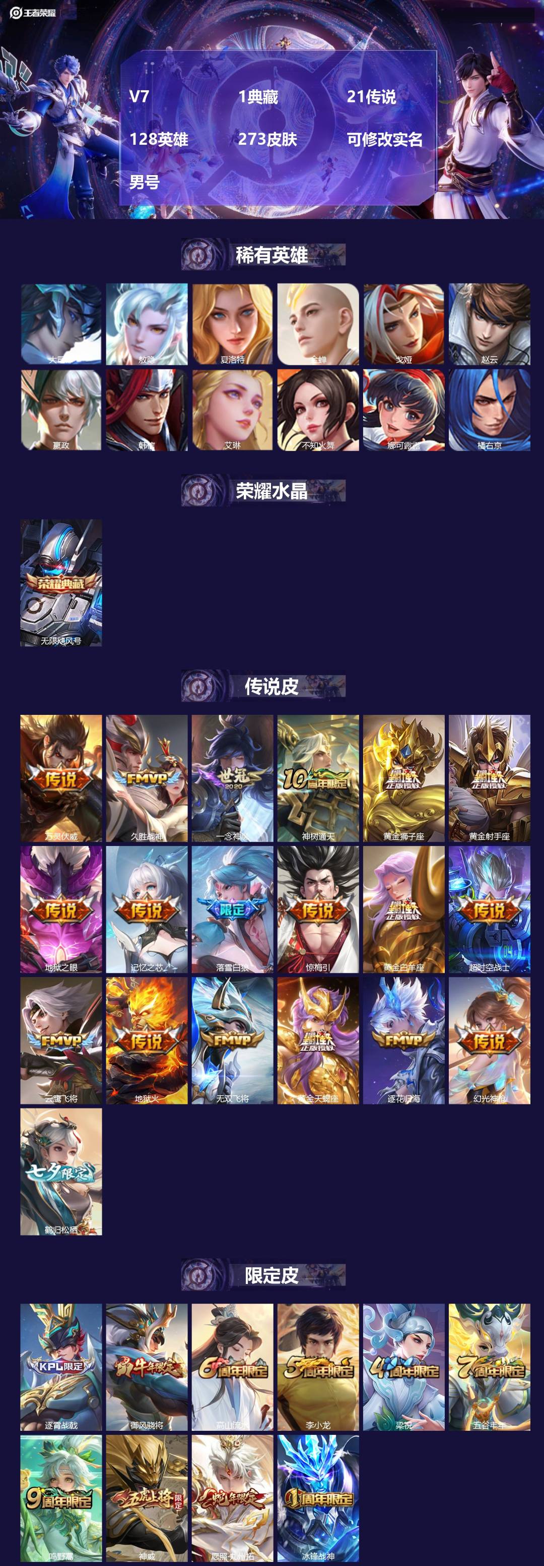 王者荣耀账号安卓QQV7 1典藏 21传说 128英雄 273皮肤 可修改实名 男号 
【英雄全皮】蒙恬全皮,敖隐全皮,