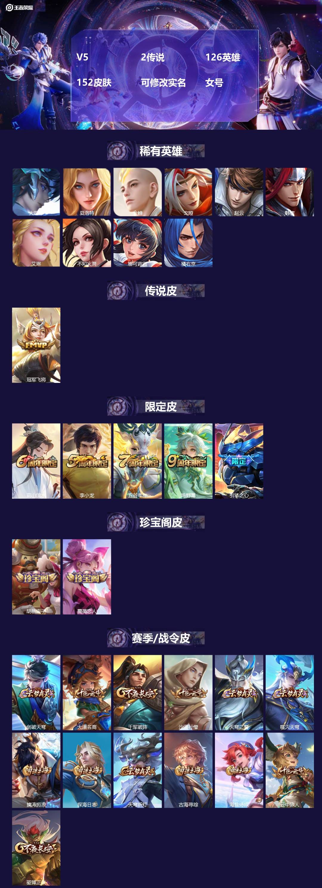 王者荣耀账号安卓QQ126英雄-152皮肤-[]V5 2传说 126英雄 152皮肤 可修改实名 女号 
【英雄全皮】大
