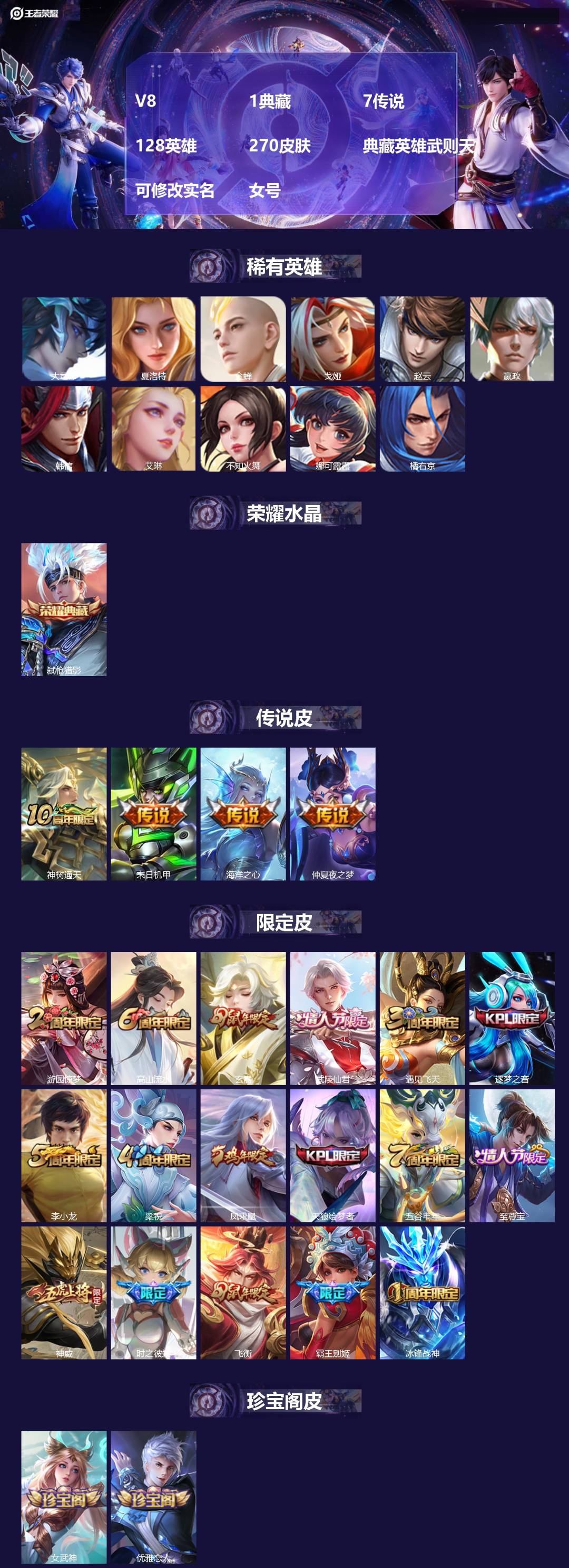 王者荣耀账号安卓QQ[17592565]V8 1典藏 7传说 128英雄 270皮肤 典藏英雄武则天 可修改实名 女号 