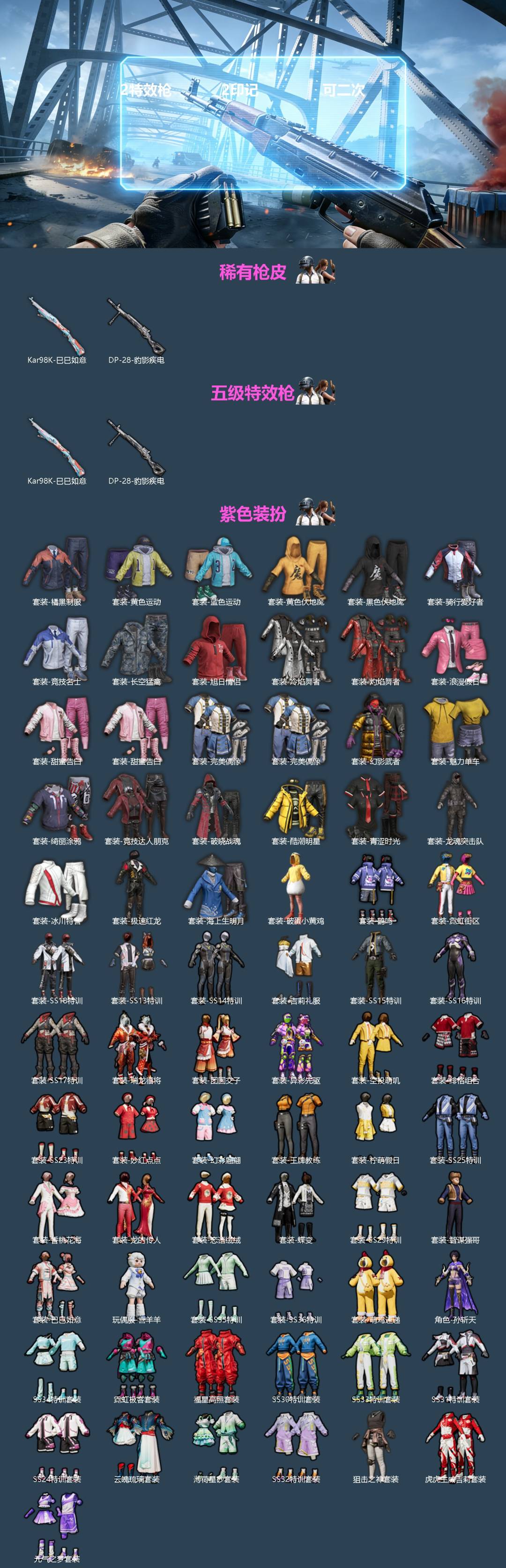 和平精英账号安卓QQ0载具-77套装-81枪皮-[]2特效枪 2印记 可二次 
【稀有枪皮】DP-28-豹影疾电,Kar