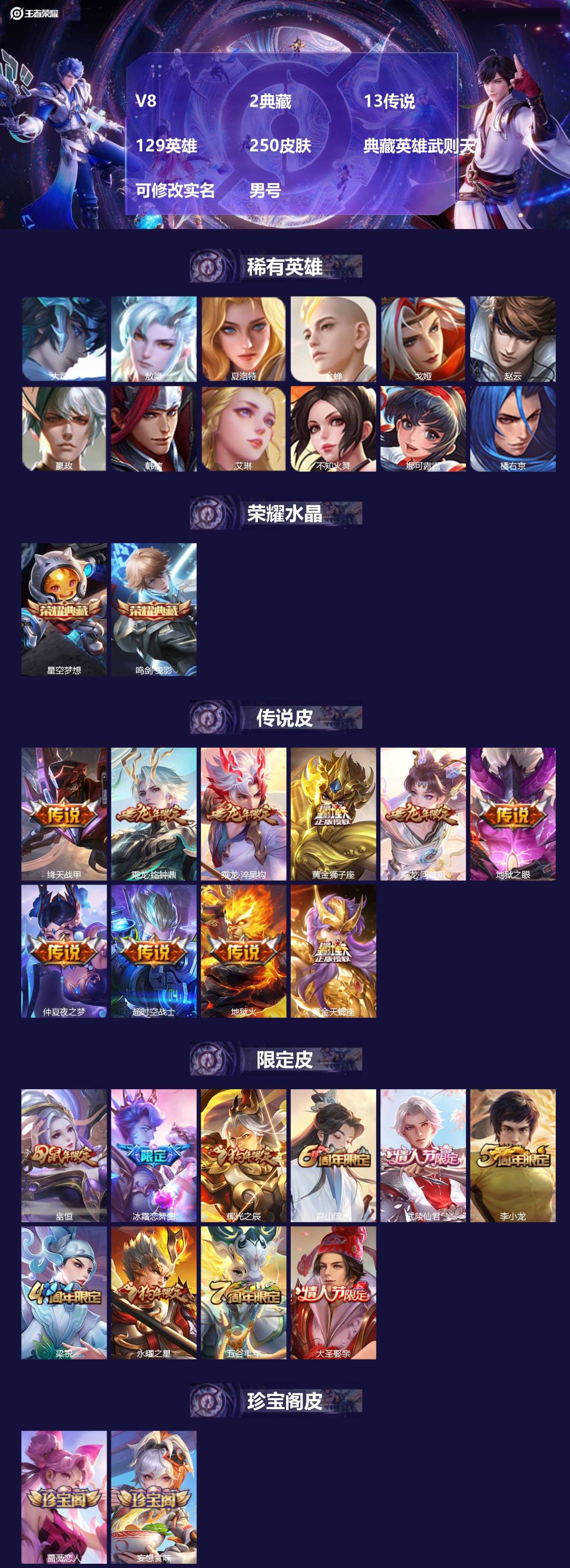 王者荣耀账号苹果QQ[]V8 2典藏 13传说 129英雄 250皮肤 典藏英雄武则天 可修改实名 男号 
【英雄全皮】