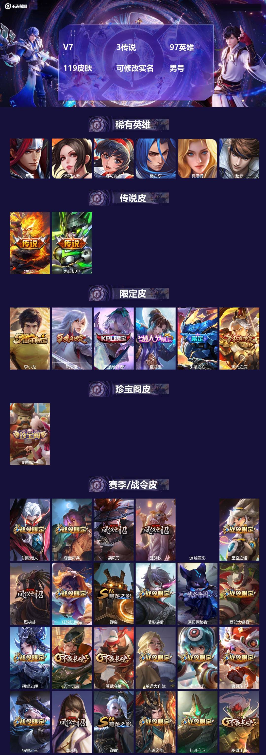 王者荣耀账号安卓QQ97英雄-119皮肤-[]V7 3传说 97英雄 119皮肤 可修改实名 男号 
【稀有英雄】韩信(