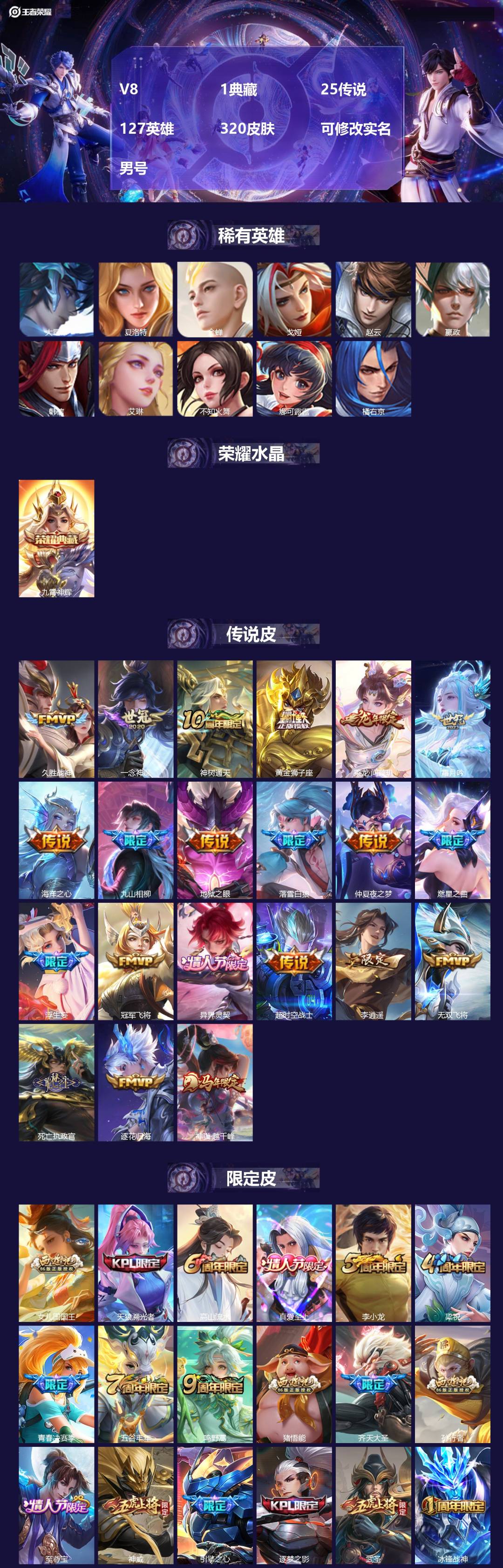 王者荣耀账号安卓QQ127英雄-320皮肤-[]V8 1典藏 25传说 127英雄 320皮肤 可修改实名 男号 
【英