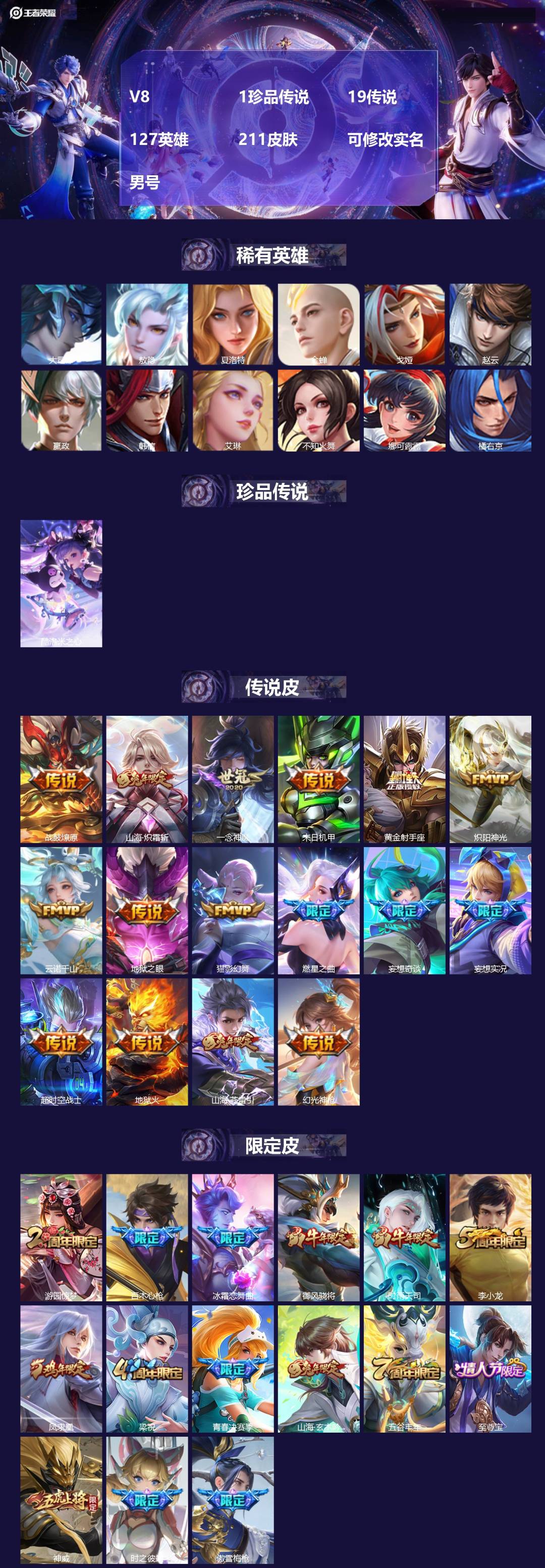 王者荣耀账号苹果QQ[]V8 1珍品传说 19传说 127英雄 211皮肤 可修改实名 男号 
【稀有英雄】敖隐(小龙人