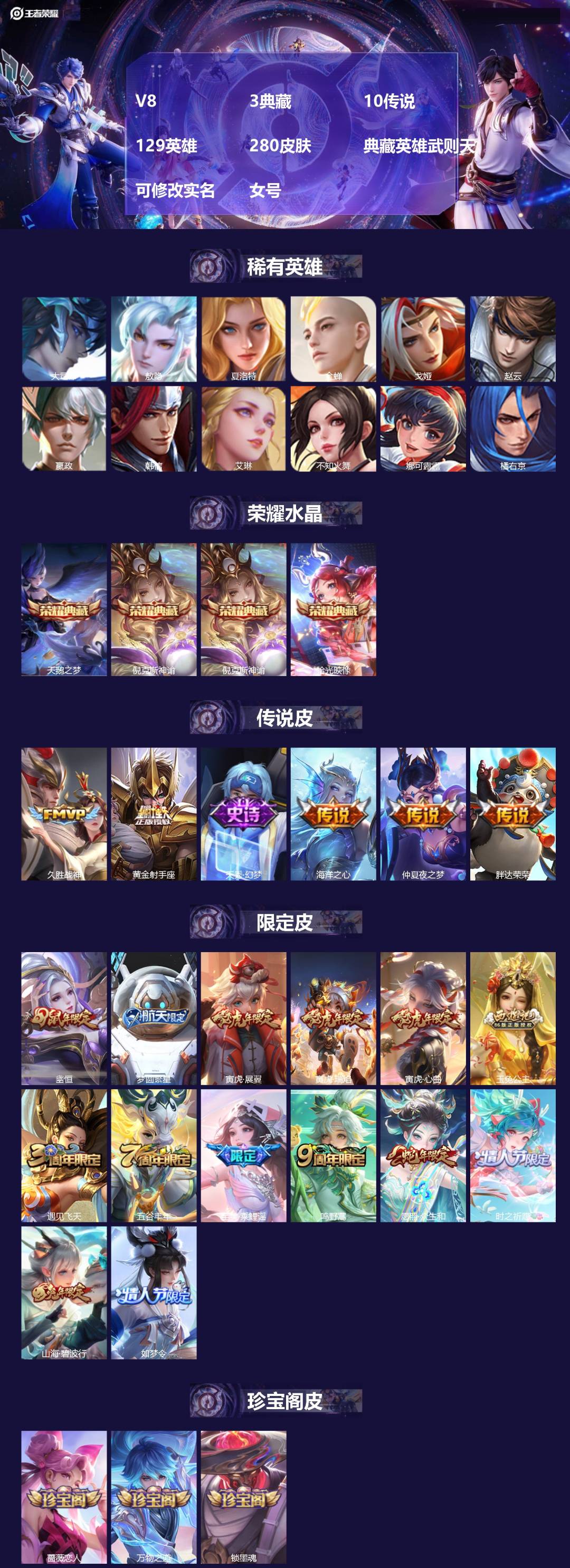 王者荣耀账号安卓QQ129英雄-280皮肤-[]V8 3典藏 10传说 129英雄 280皮肤 典藏英雄武则天 可修改实