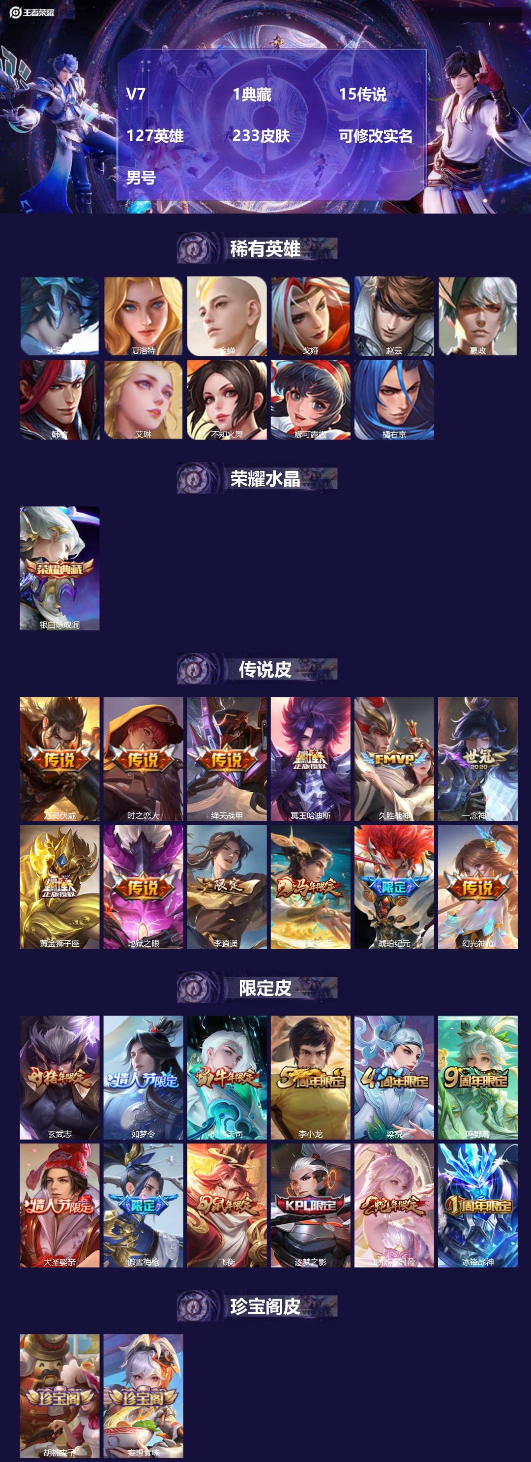 王者荣耀账号安卓QQ[17595906]V7 1典藏 15传说 127英雄 233皮肤 可修改实名 男号 
【英雄全皮】
