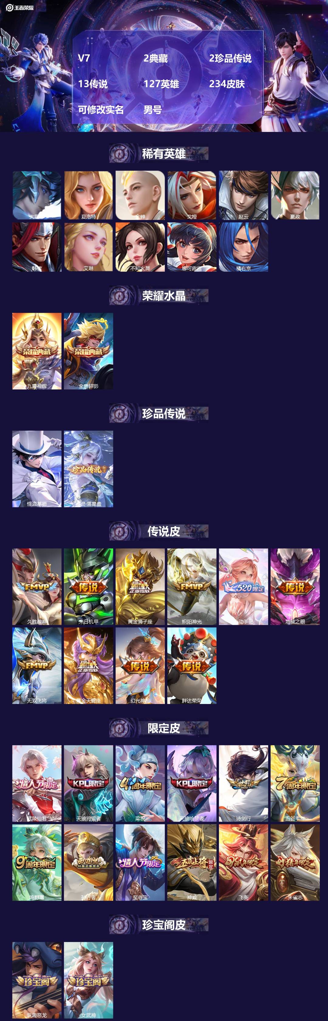 王者荣耀账号苹果QQ[17595928]V7 2典藏 2珍品传说 13传说 127英雄 234皮肤 可修改实名 男号 
