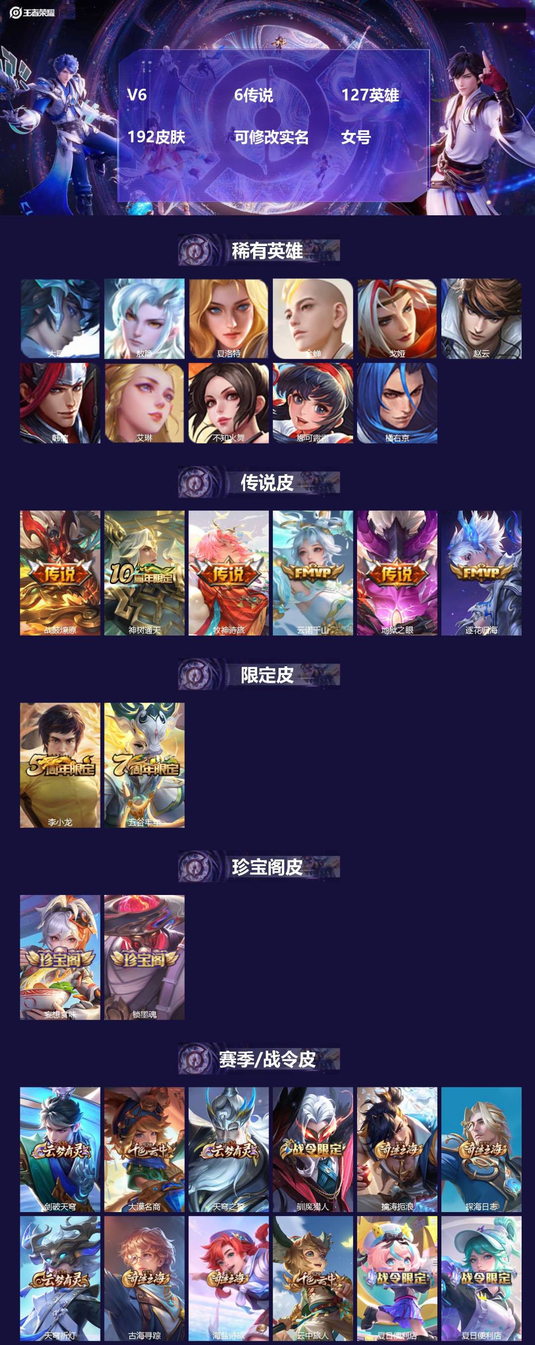 王者荣耀账号安卓QQ[]V6 6传说 127英雄 192皮肤 可修改实名 女号 
【英雄全皮】蚩奼全皮,大禹全皮
【稀有