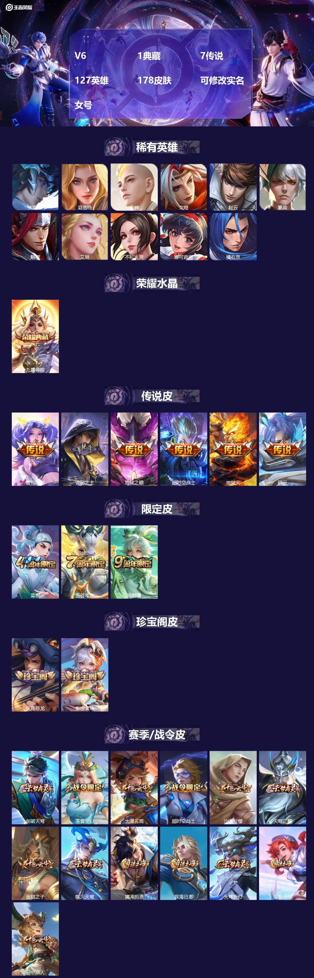 王者荣耀账号安卓QQ127英雄-178皮肤-[]V6 1典藏 7传说 127英雄 178皮肤 可修改实名 女号 
【英雄