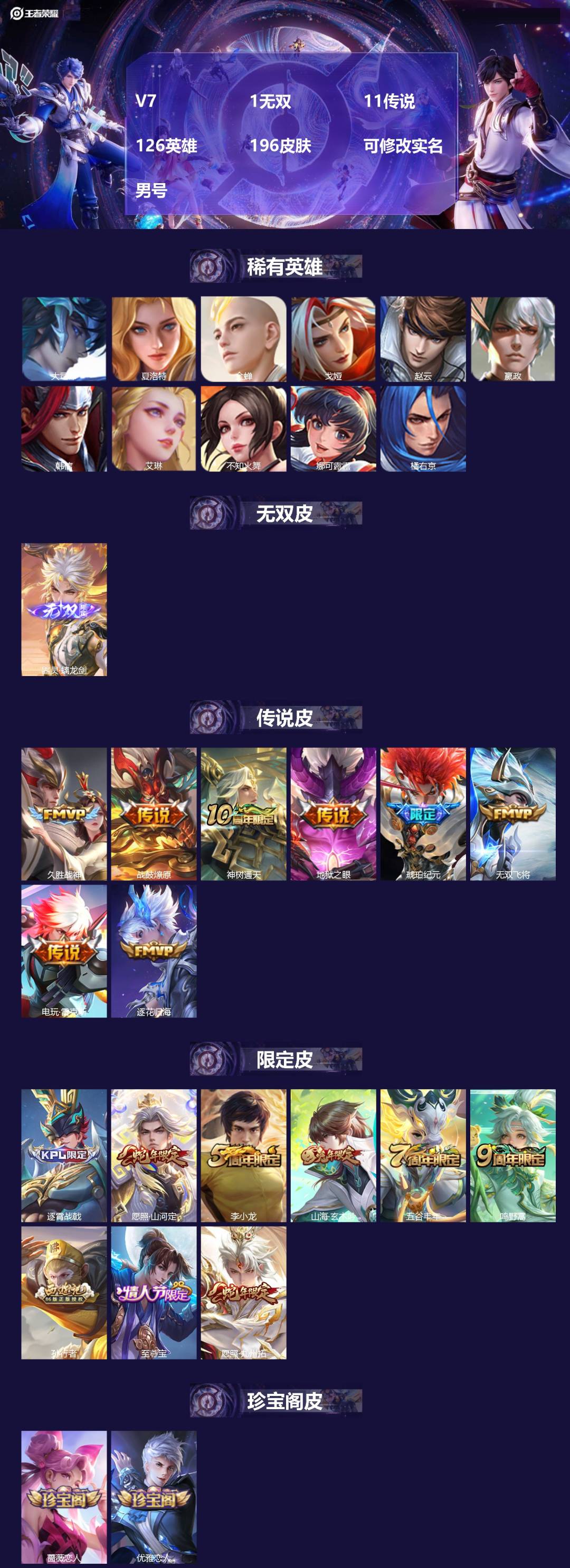 王者荣耀账号安卓QQ[17624218]V7 1无双 11传说 126英雄 196皮肤 可修改实名 男号 
【英雄全皮】