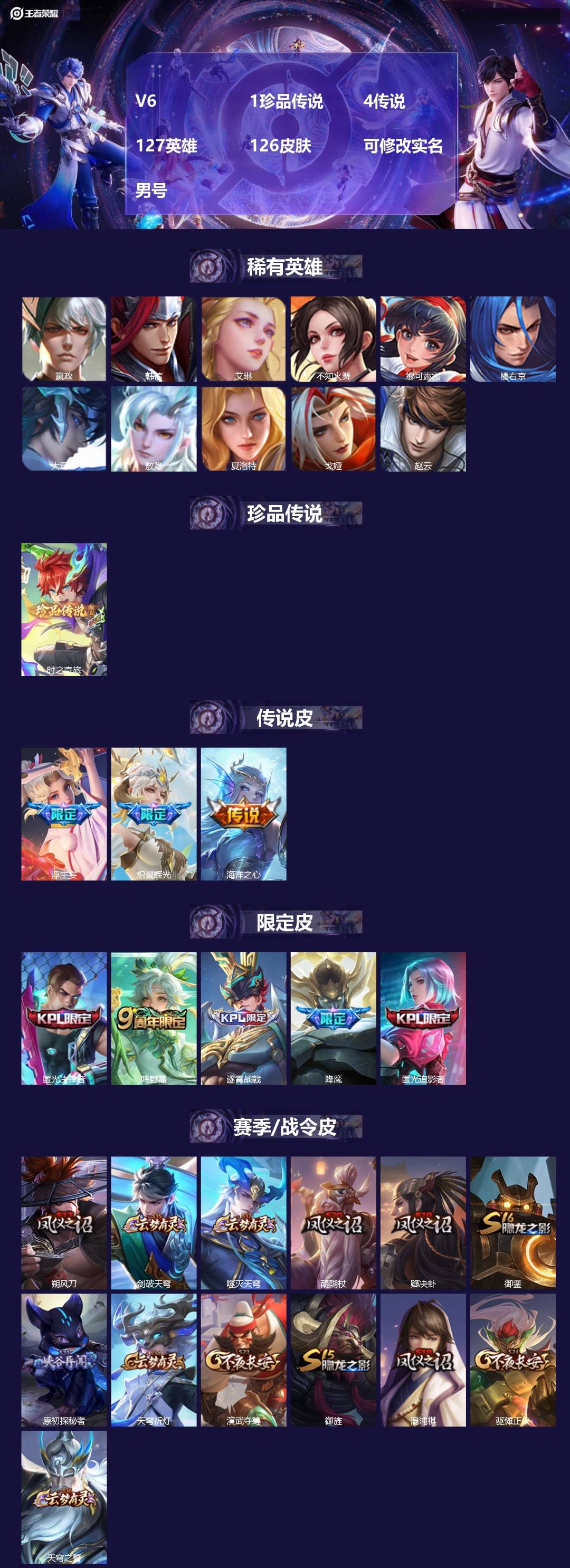 王者荣耀账号安卓QQ[]V6 1珍品传说 4传说 127英雄 126皮肤 可修改实名 男号 
【英雄全皮】敖隐全皮,影全