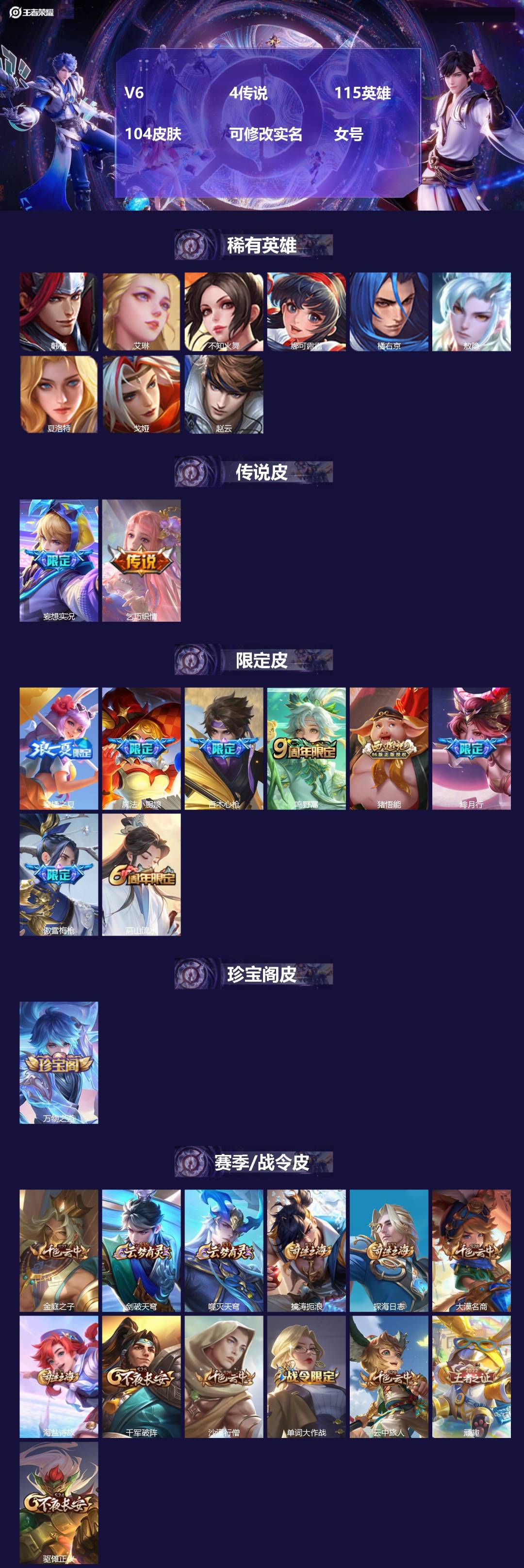 王者荣耀账号安卓VX[]V6 4传说 115英雄 104皮肤 可修改实名 女号 
【英雄全皮】蚩奼全皮
【稀有英雄】敖隐