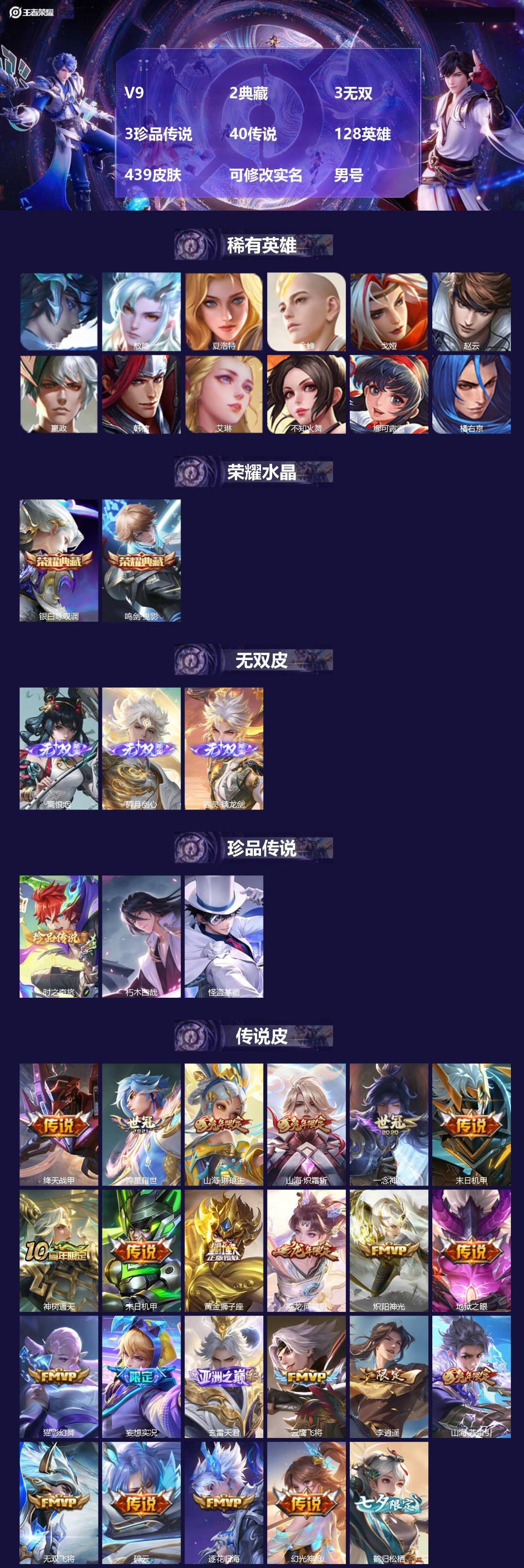 王者荣耀账号安卓QQ[]V9 2典藏 3无双 3珍品传说 40传说 128英雄 439皮肤 可修改实名 男号 
【英雄全