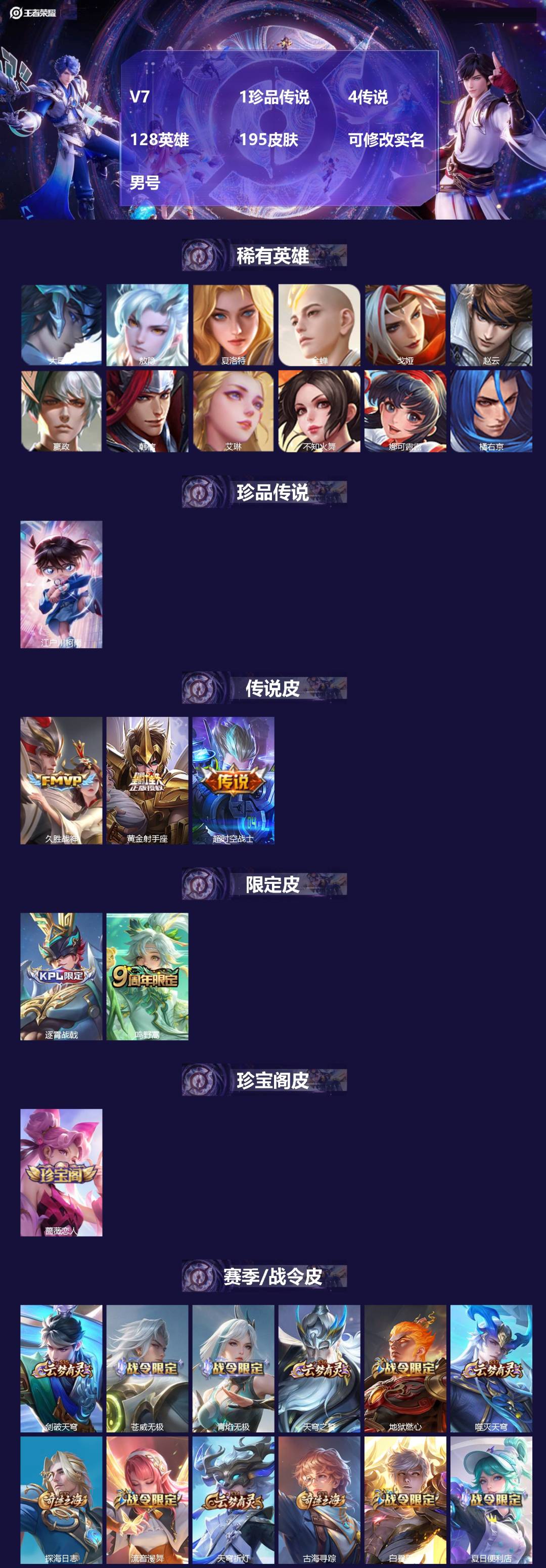 王者荣耀账号安卓VX[17635469]V7 1珍品传说 4传说 128英雄 195皮肤 可修改实名 男号 
【英雄全皮