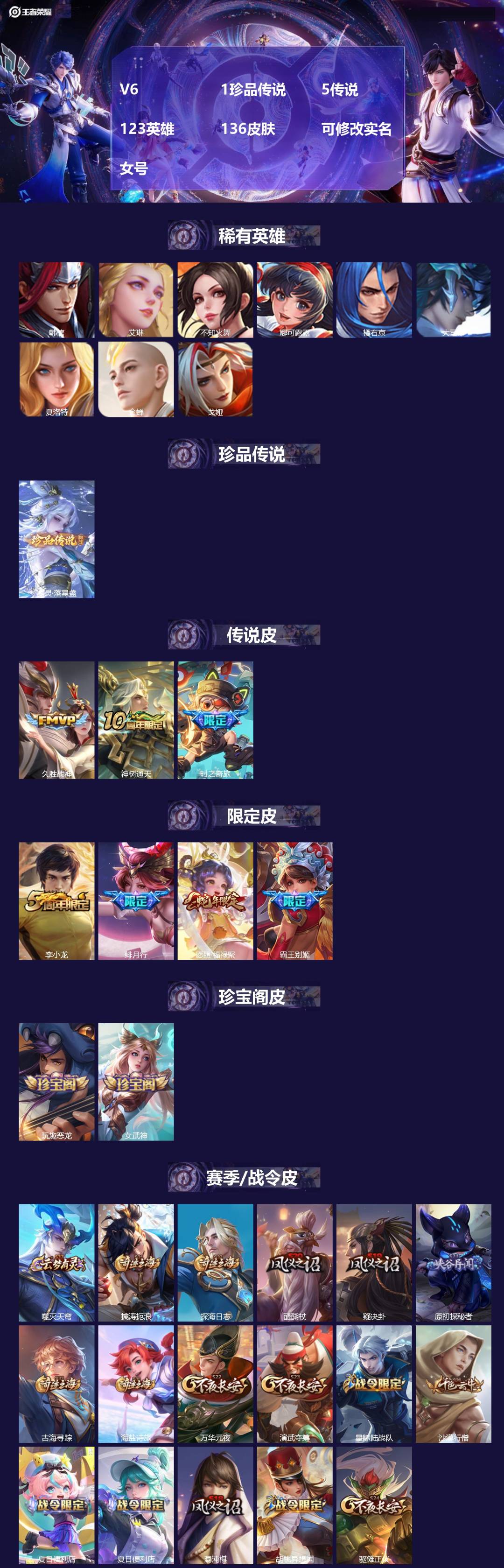 王者荣耀账号苹果VXV6 1珍品传说 5传说 123英雄 136皮肤 可修改实名 女号 
【英雄全皮】蚩奼全皮,大禹全皮