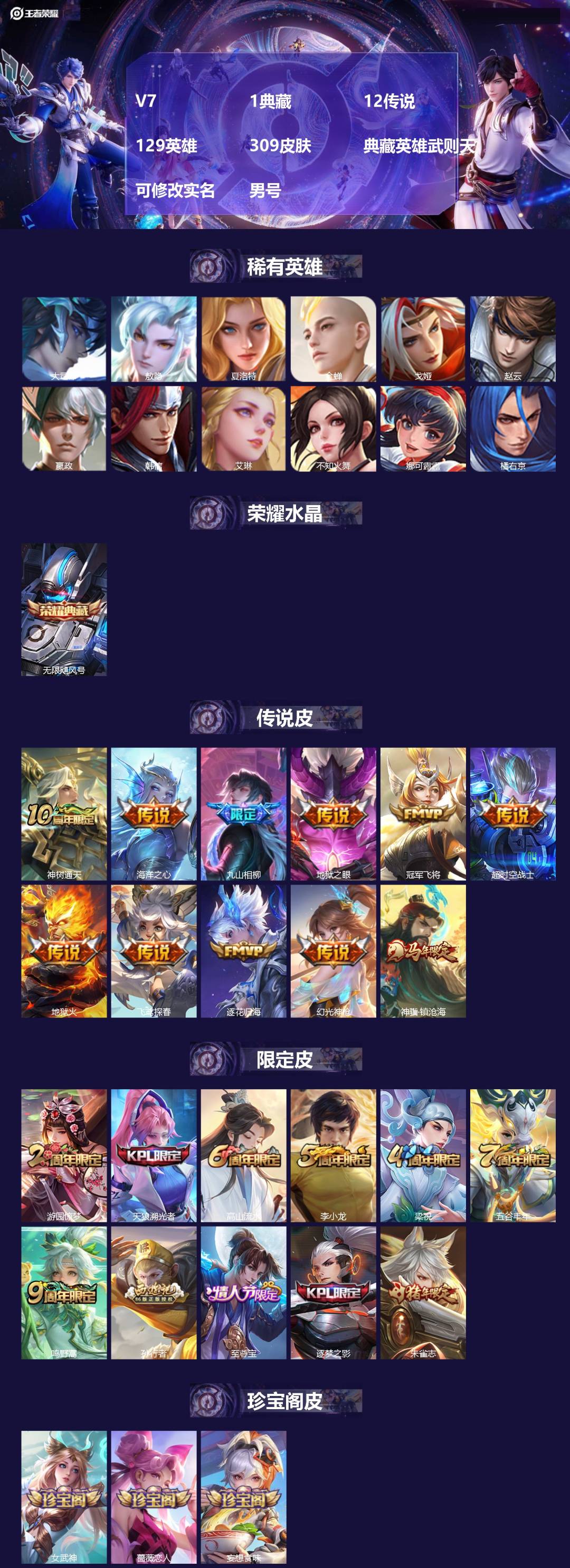 王者荣耀账号安卓QQ[]V7 1典藏 12传说 129英雄 309皮肤 典藏英雄武则天 可修改实名 男号 
【英雄全皮】