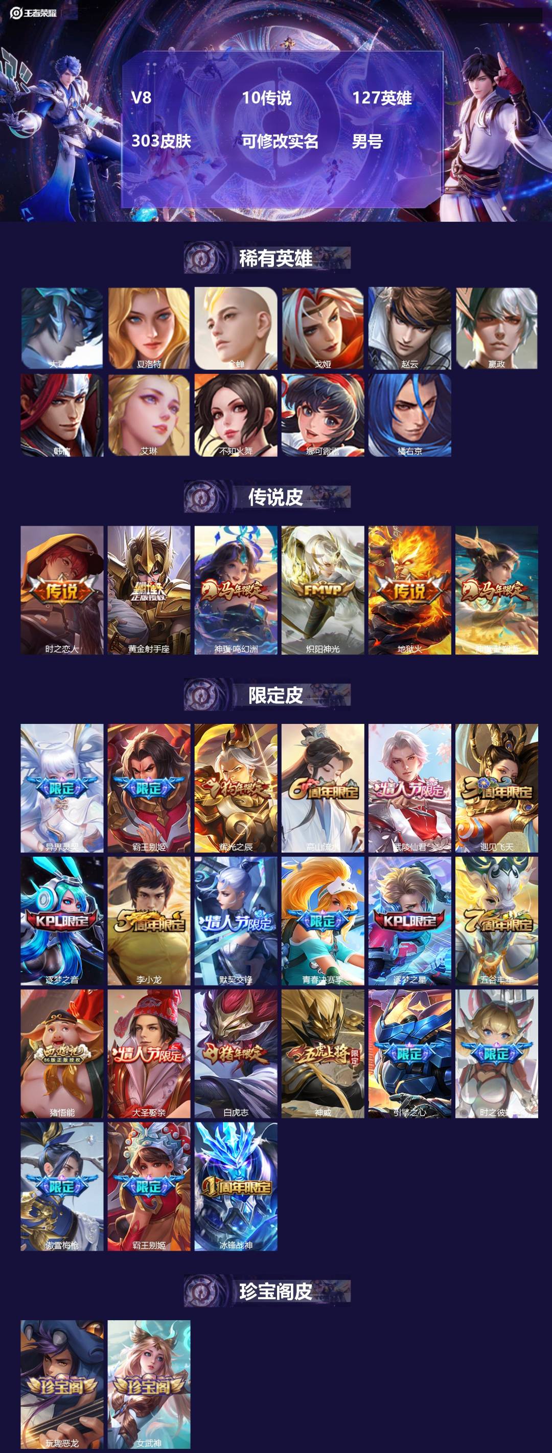 王者荣耀账号苹果QQ[17654831]V8 10传说 127英雄 303皮肤 可修改实名 男号 
【英雄全皮】大禹全皮