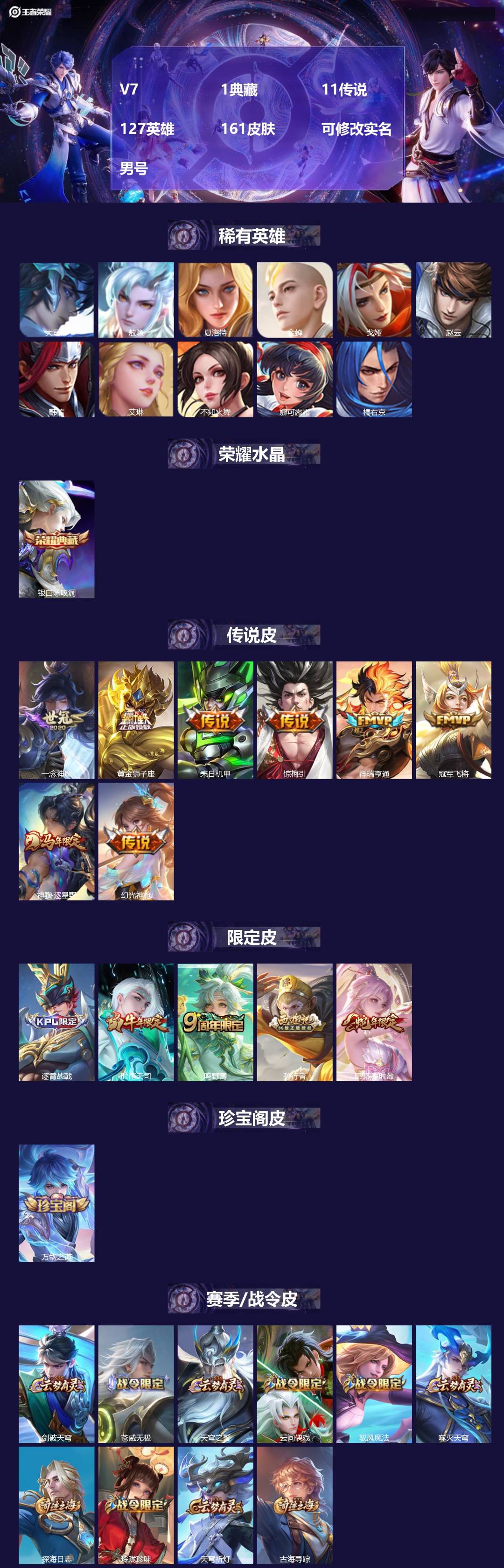 王者荣耀账号苹果QQ[17655793]V7 1典藏 11传说 127英雄 161皮肤 可修改实名 男号 
【英雄全皮】