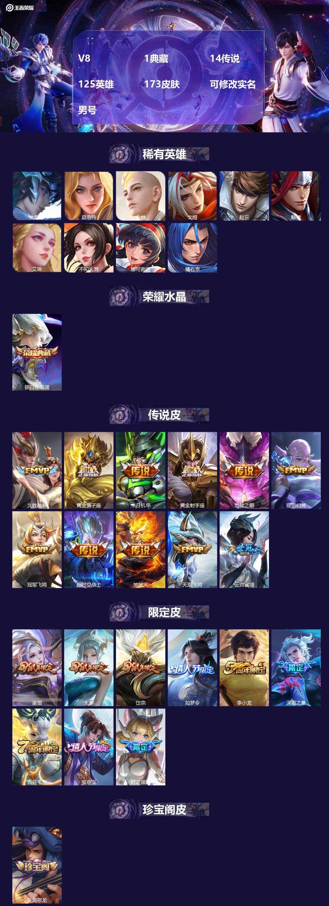 王者荣耀账号苹果QQ[]V8 1典藏 14传说 125英雄 173皮肤 可修改实名 男号 
【稀有英雄】大司命,韩信(韩