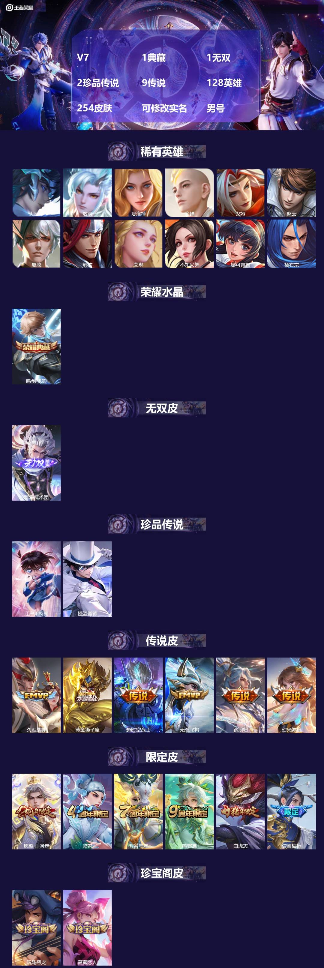 王者荣耀账号苹果QQ[]V7 1典藏 1无双 2珍品传说 9传说 128英雄 254皮肤 可修改实名 男号 
【英雄全皮