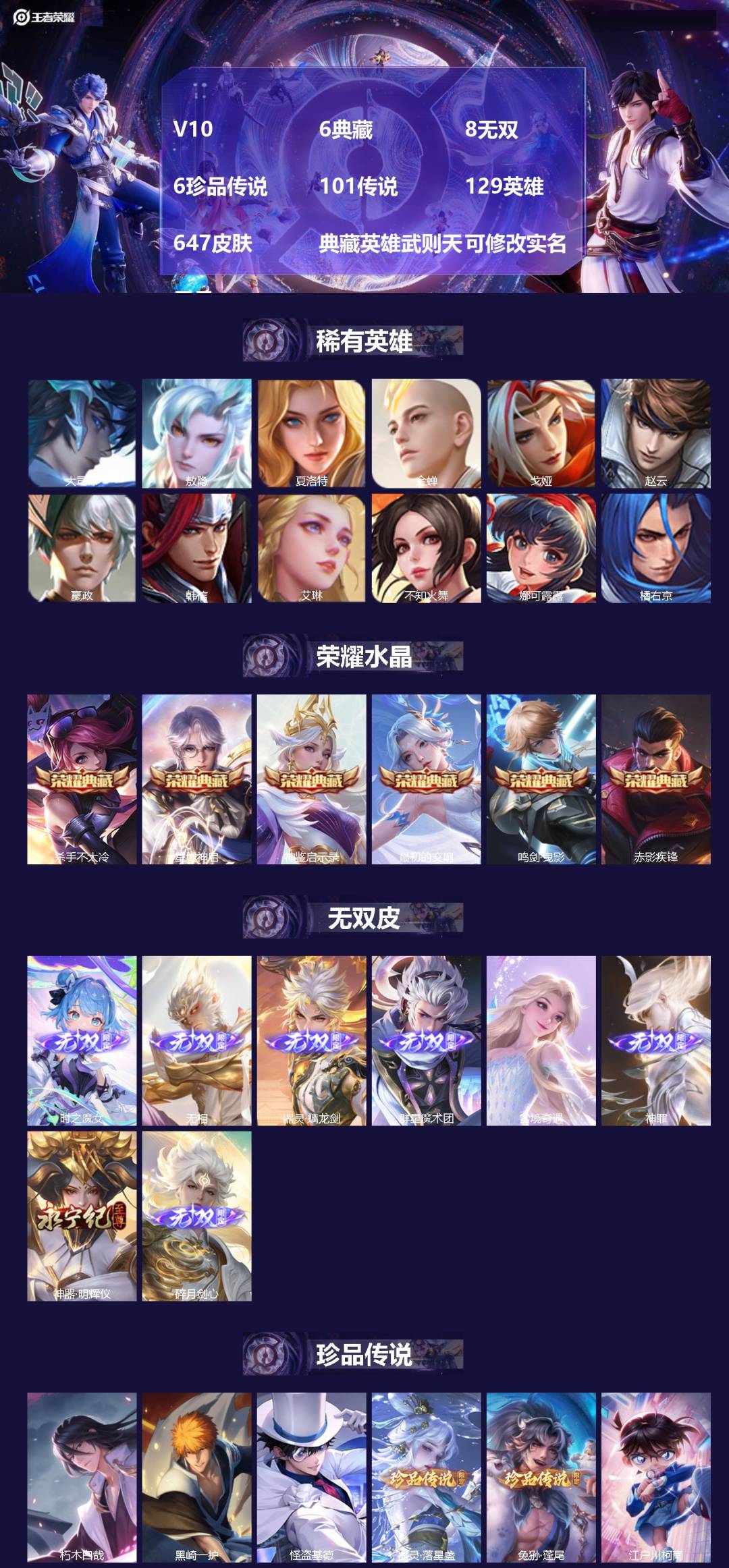 王者荣耀账号安卓QQ[]V10 6典藏 8无双 6珍品传说 101传说 129英雄 647皮肤 典藏英雄武则天 可修改实