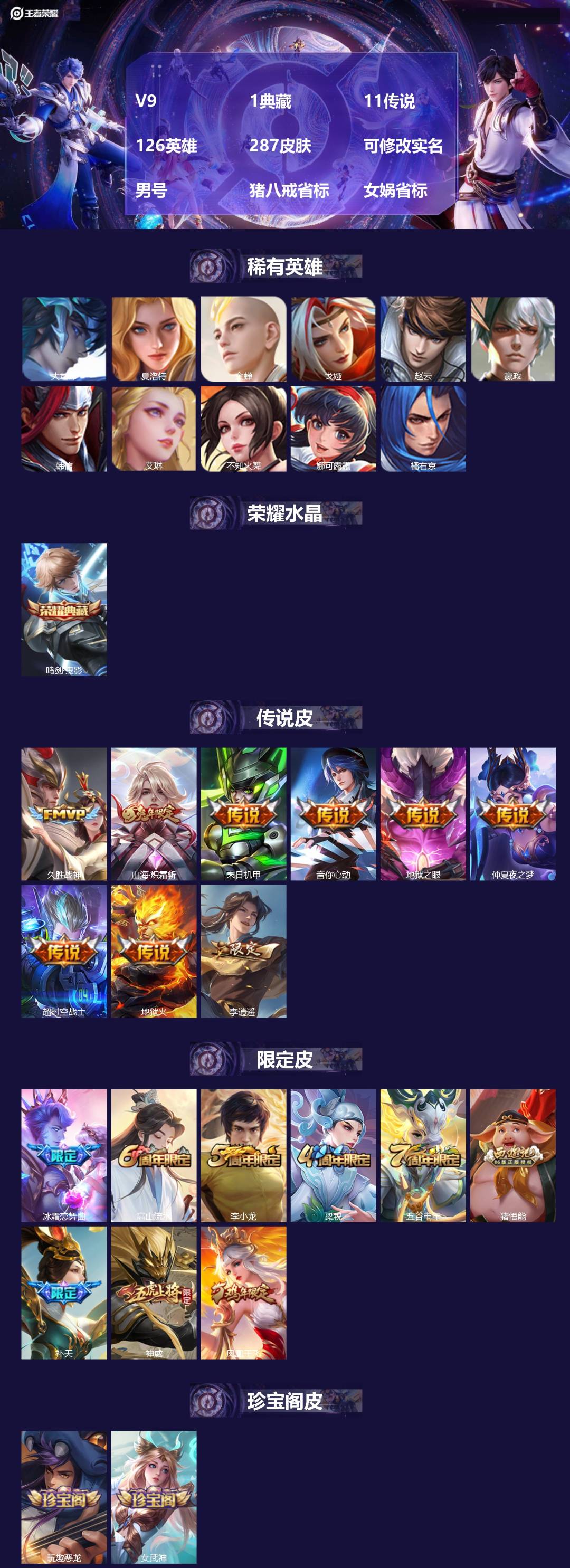 王者荣耀账号安卓QQ[17658467]V9 1典藏 11传说 126英雄 287皮肤 可修改实名 男号 猪八戒省标 女