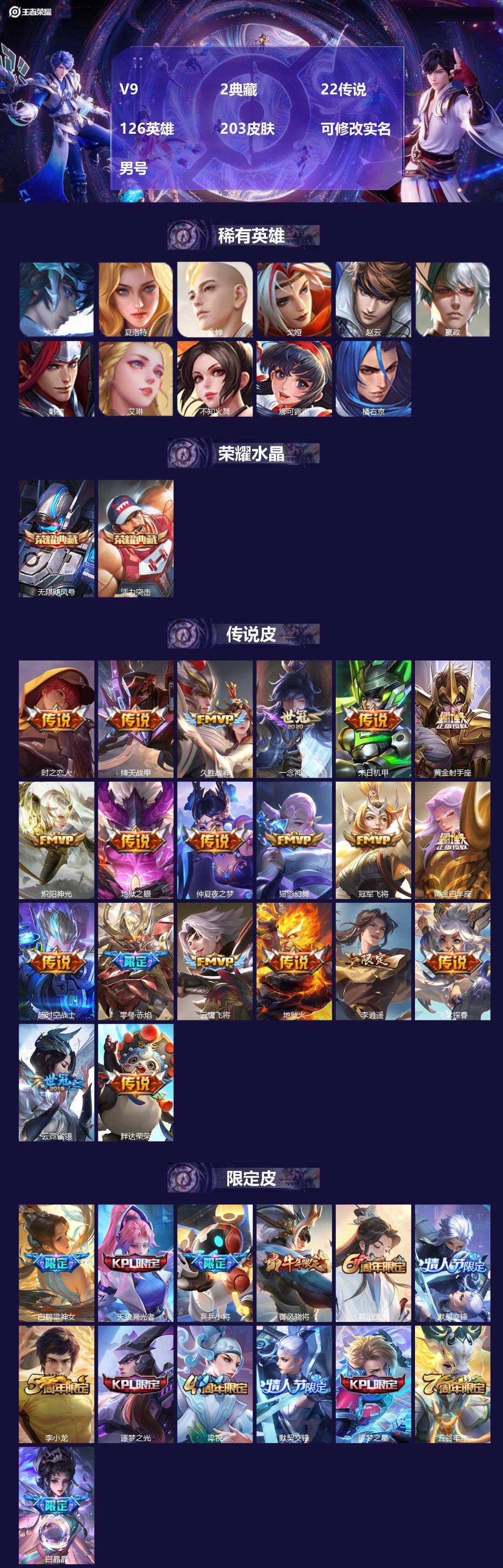 王者荣耀账号安卓QQ[17659495]V9 2典藏 22传说 126英雄 203皮肤 可修改实名 男号 
【英雄全皮】