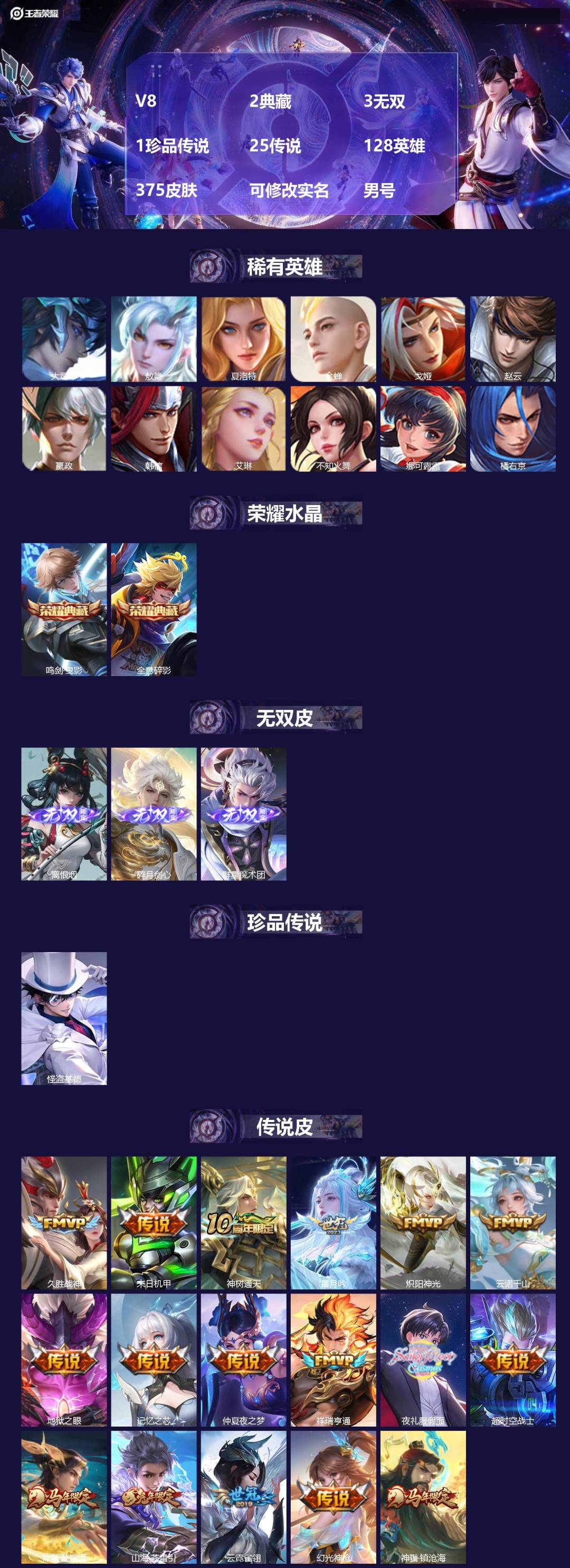 王者荣耀账号安卓QQV8 2典藏 3无双 1珍品传说 25传说 128英雄 375皮肤 可修改实名 男号 
【英雄全皮】