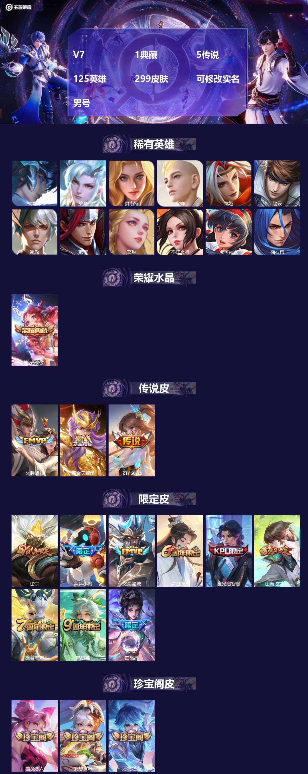 王者荣耀账号安卓QQ125英雄-299皮肤-[]V7 1典藏 5传说 125英雄 299皮肤 可修改实名 男号 
【英雄