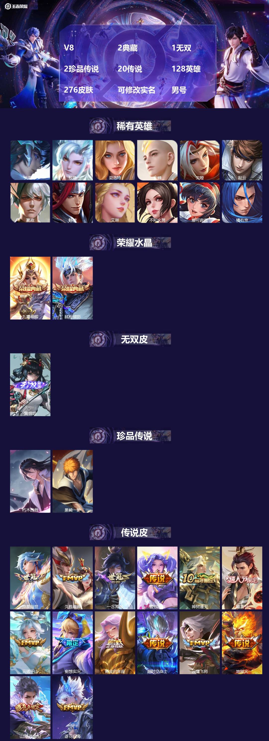 王者荣耀账号安卓QQ[]V8 2典藏 1无双 2珍品传说 20传说 128英雄 276皮肤 可修改实名 男号 
【英雄全