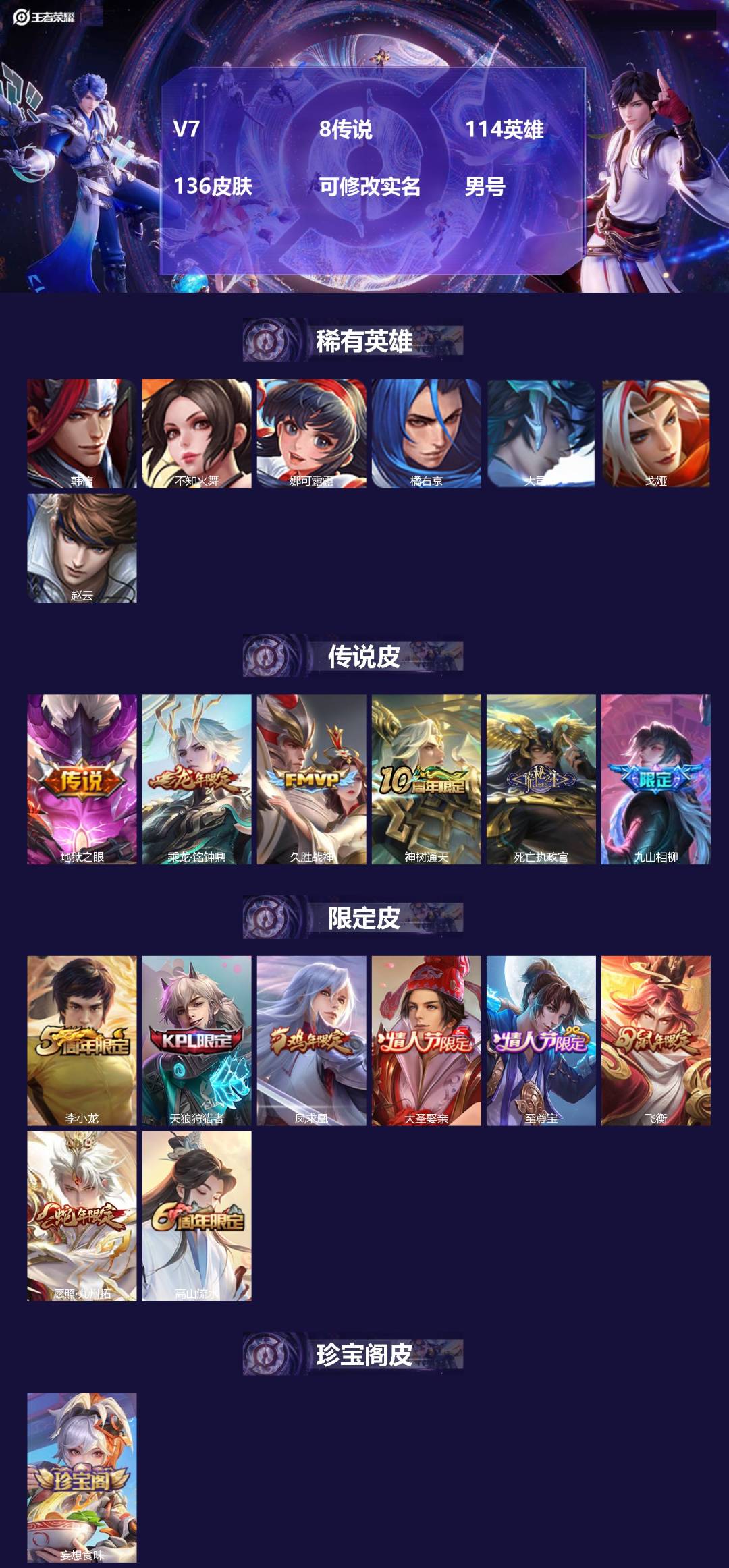 王者荣耀账号苹果QQ[]V7 8传说 114英雄 136皮肤 可修改实名 男号 
【英雄全皮】大禹全皮
【稀有英雄】大司